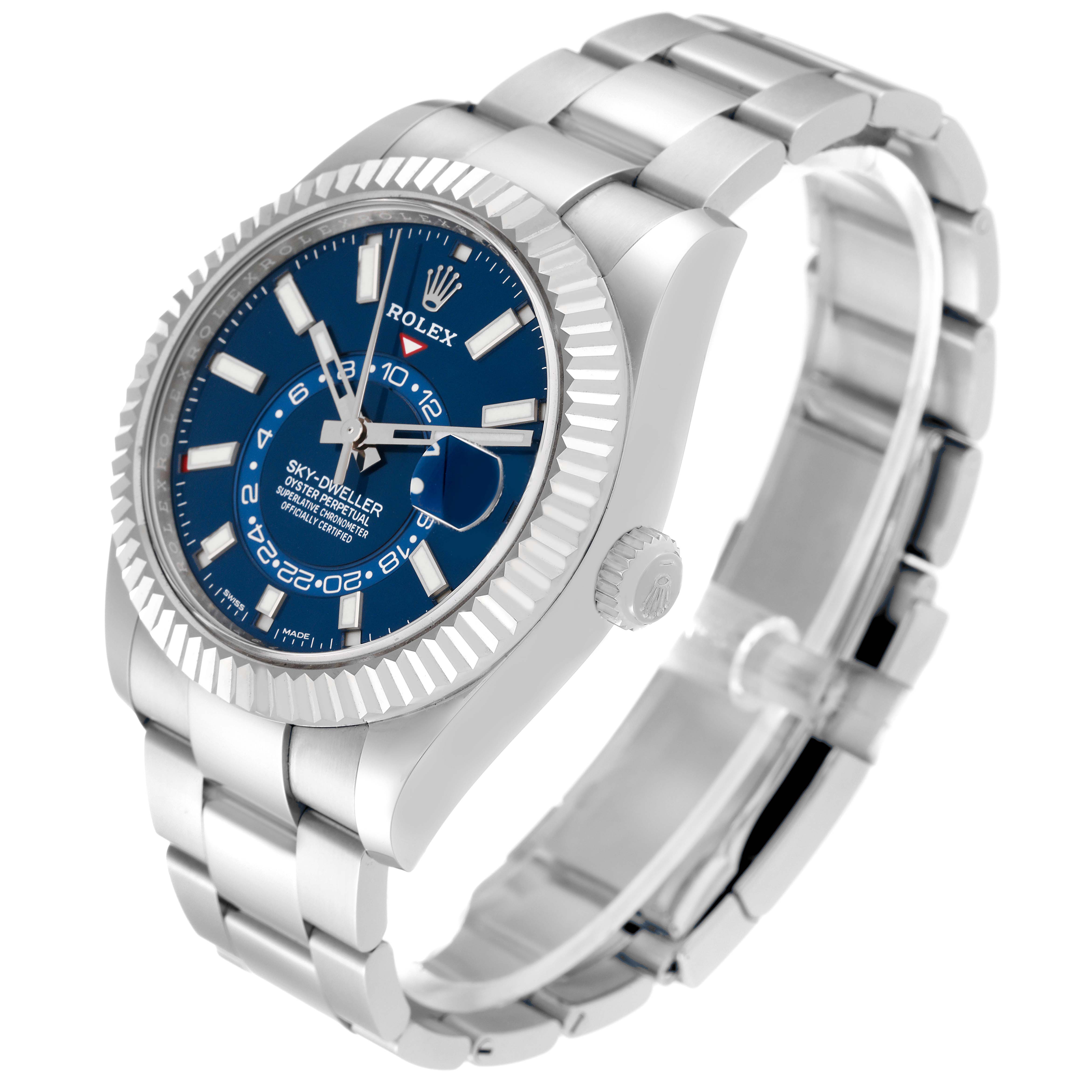 The image shows a Rolex Sky-Dweller 326934 Men's Stainless Steel Blue Dial 326934 Men's Stainless Steel Blue Dial watch at a slight angle, displaying its blue dial, fluted bezel, bracelet, and crown.