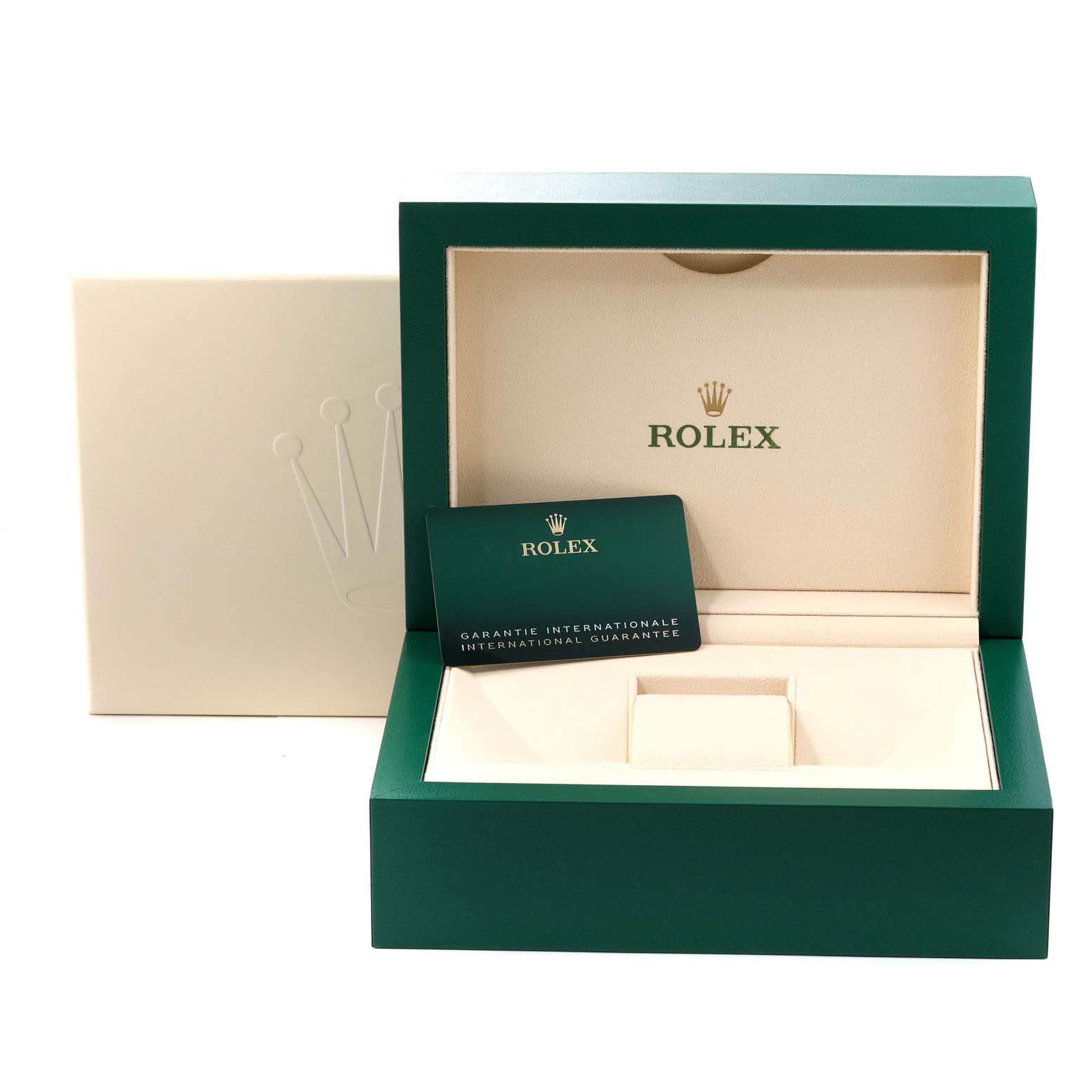 This is an open Rolex Sky-Dweller 326934 Men's Stainless Steel Blue Dial 326934 Men's Stainless Steel Blue Dial watch box showing the interior with a guarantee card.