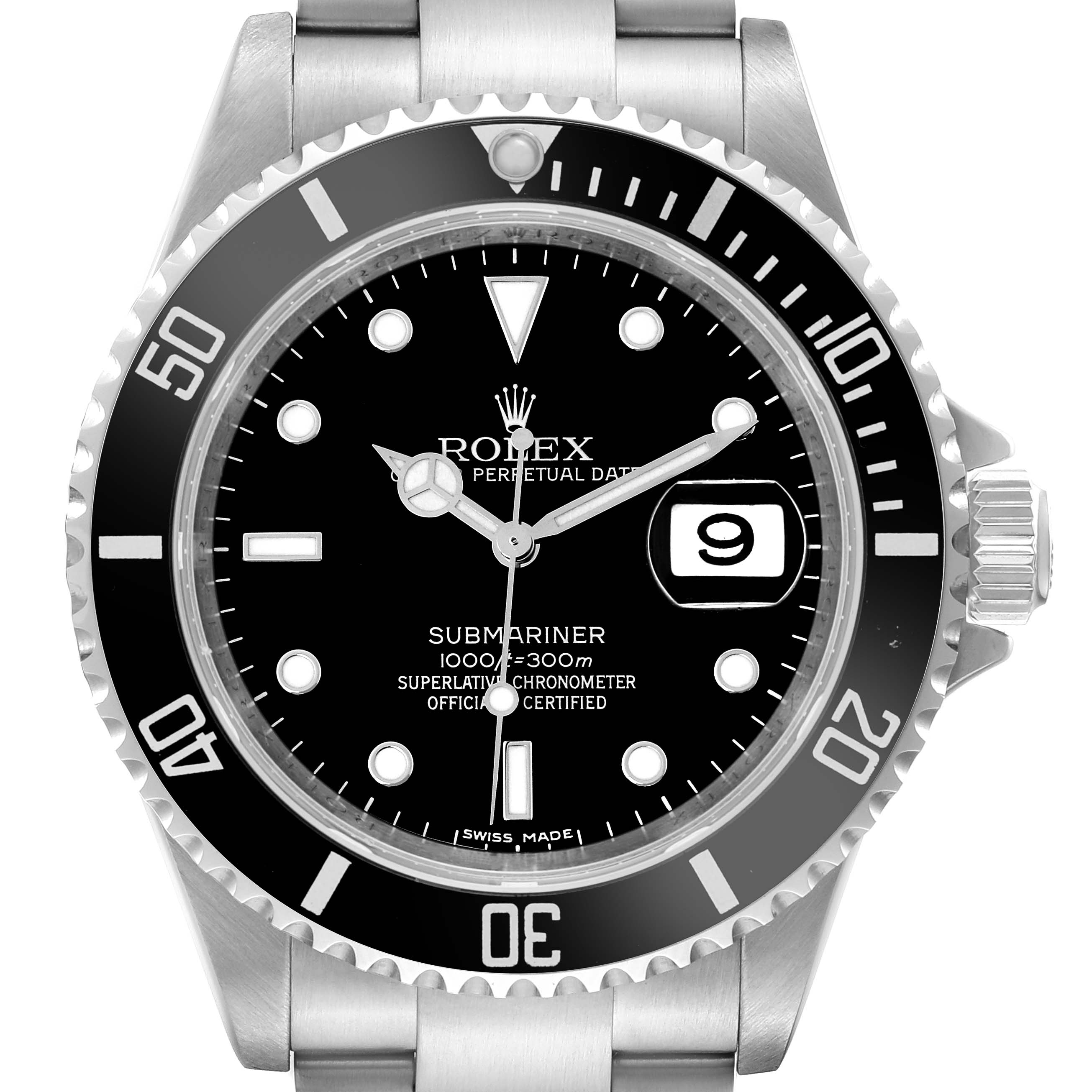 The Rolex Submariner 16610 Men
s Stainless Steel Black Dial 16610 Men
s Stainless Steel Black Dial watch is shown from a top view, displaying the bezel, dial, hands, and bracelet.