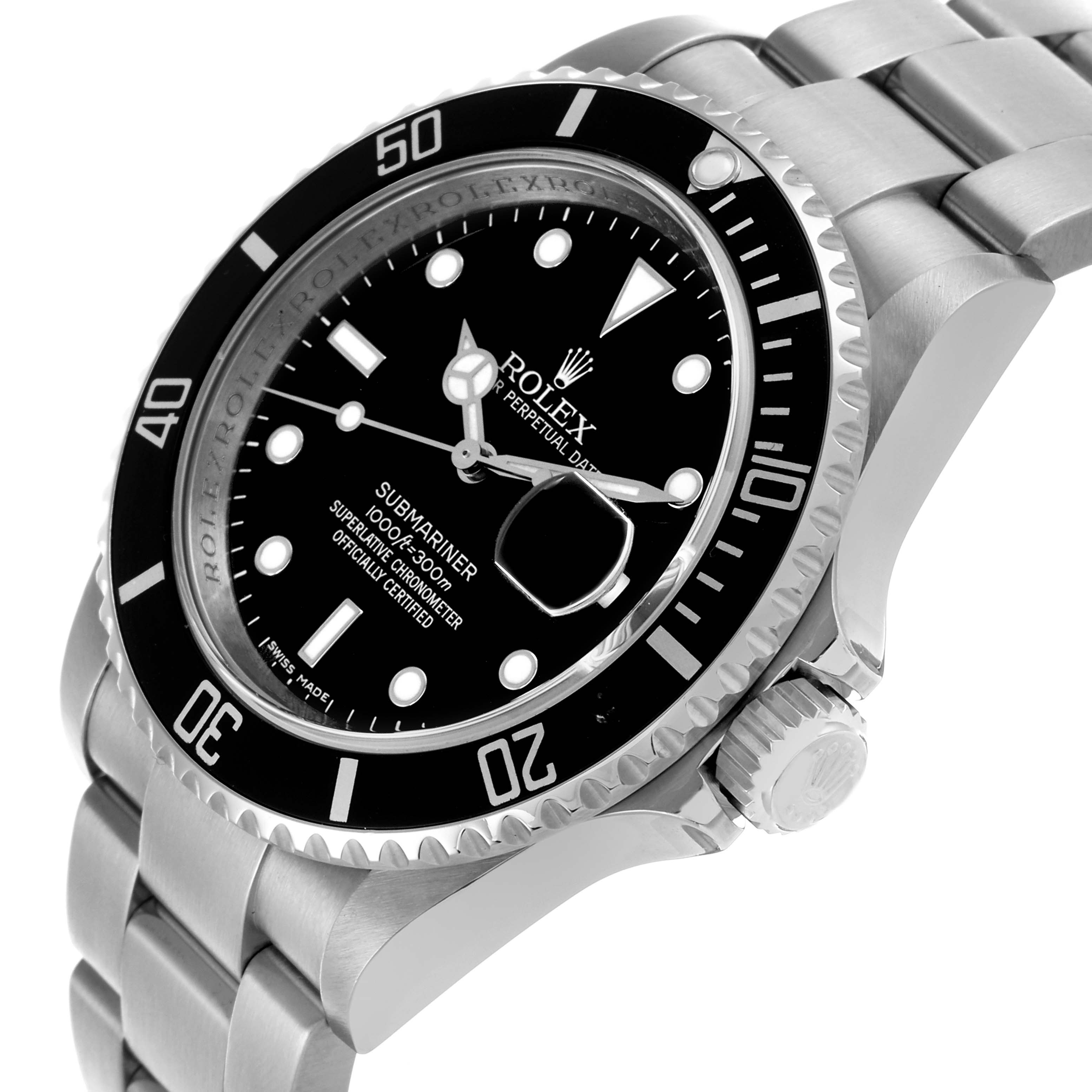 The Rolex Submariner 16610 Men
s Stainless Steel Black Dial 16610 Men
s Stainless Steel Black Dial is shown at an angled side view, displaying the dial, bezel, crown, and part of the bracelet.