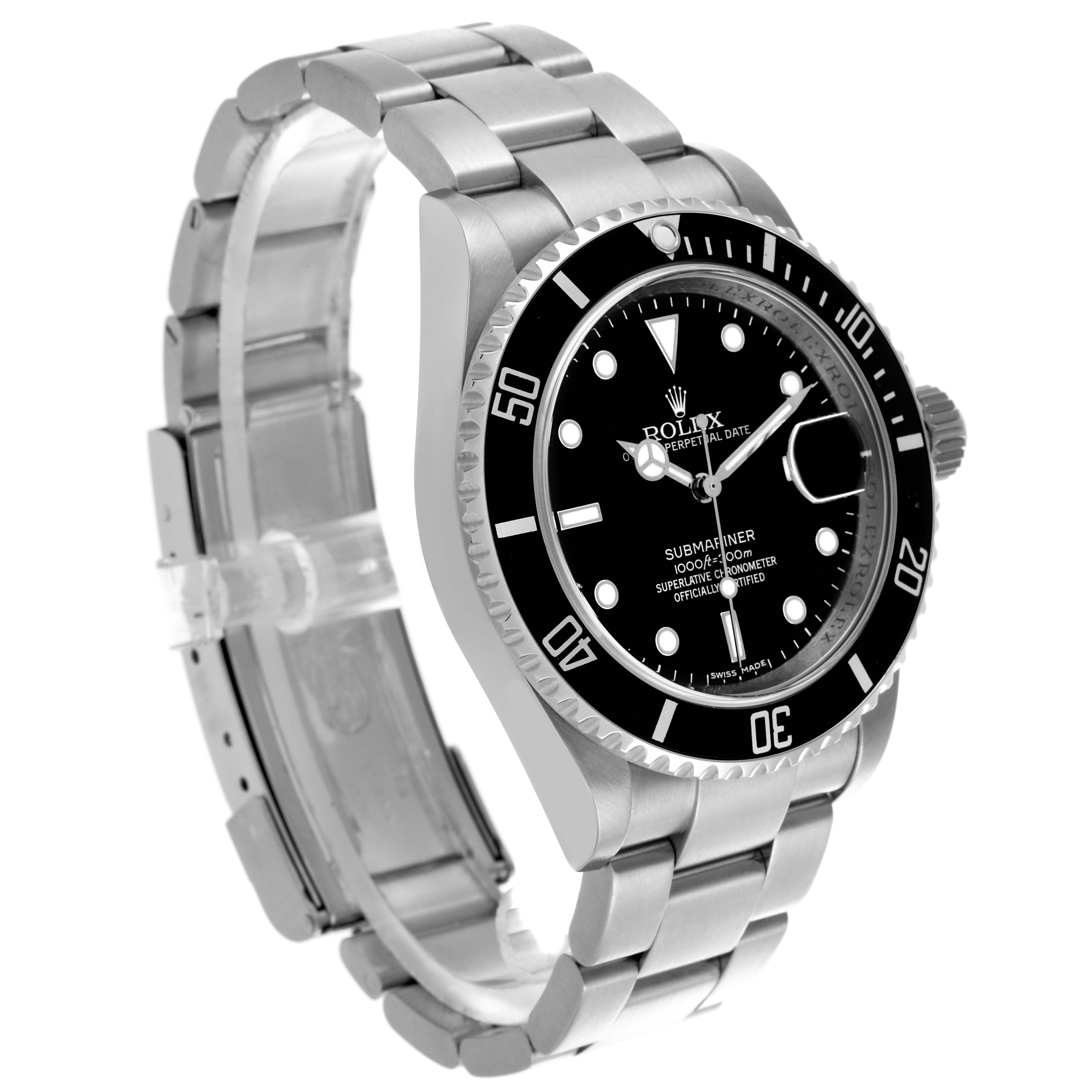 The Rolex Submariner 16610 Men
s Stainless Steel Black Dial 16610 Men
s Stainless Steel Black Dial is shown at a three-quarter angle, displaying its face, bezel, and bracelet.