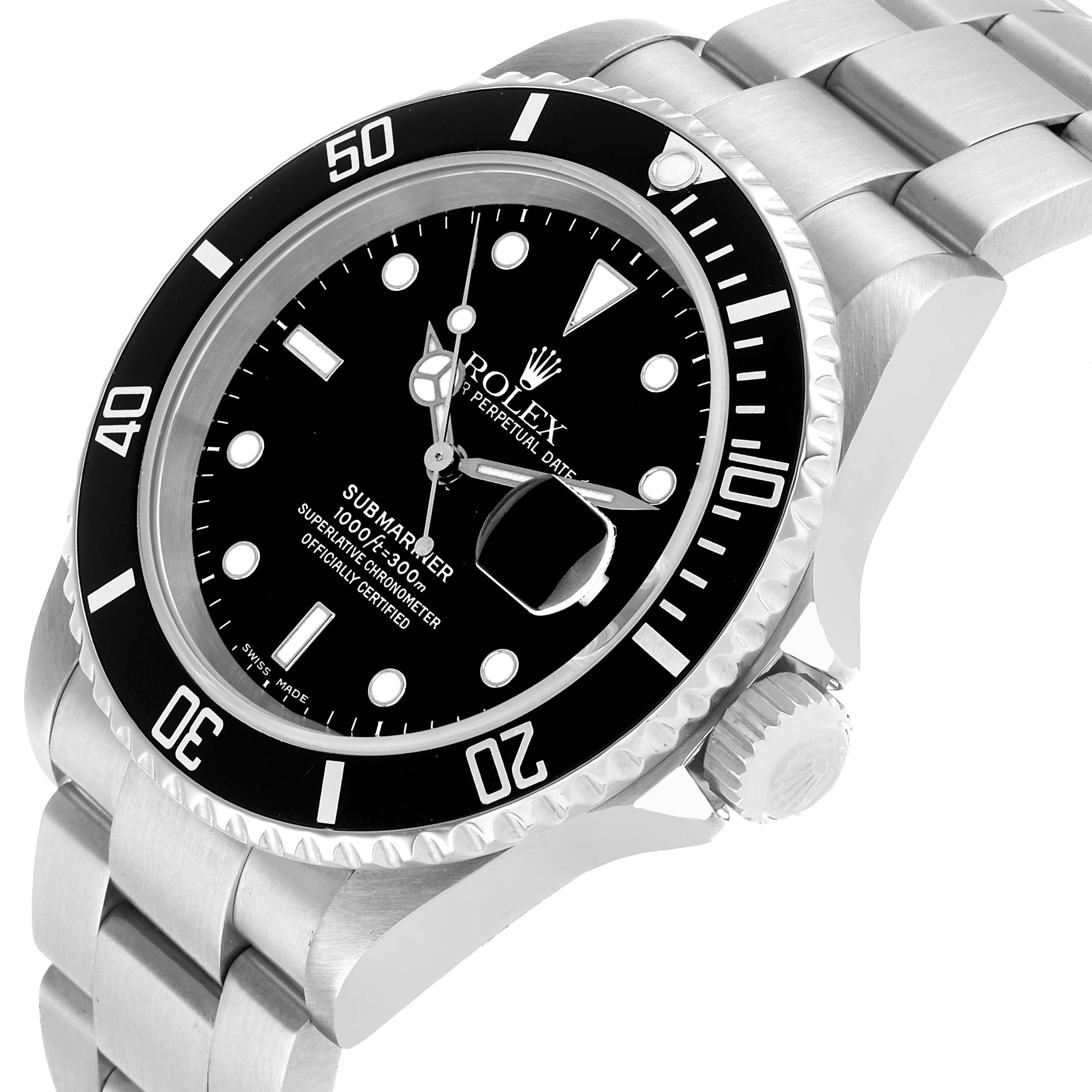 The Rolex Submariner 16610 Men's Stainless Steel Black Dial watch is shown at a slight angle, displaying the bezel, face, crown, and part of the bracelet.