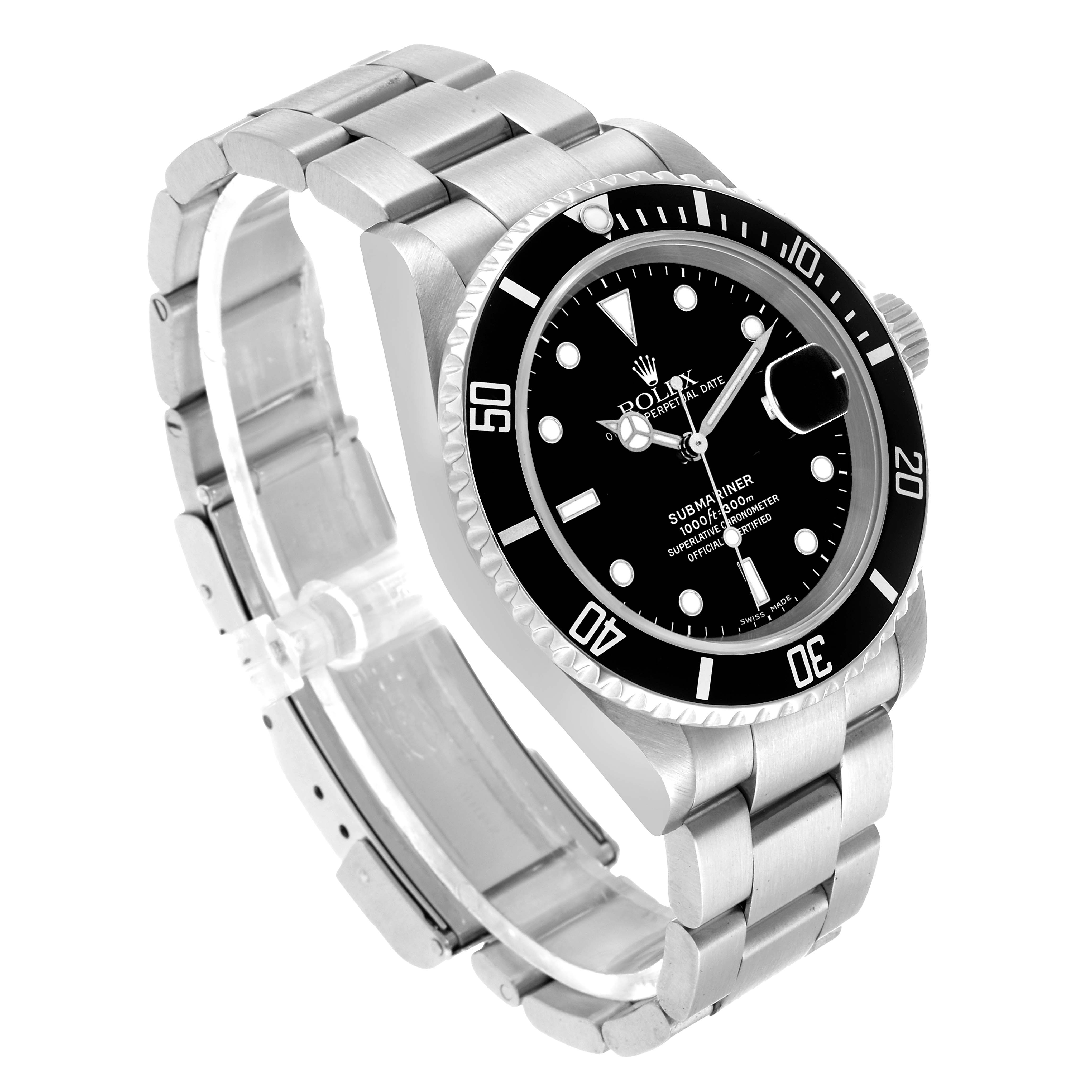 The Rolex Submariner 16610 Men's Stainless Steel Black Dial is shown at a three-quarter view displaying the face, bezel, crown, and metal bracelet.