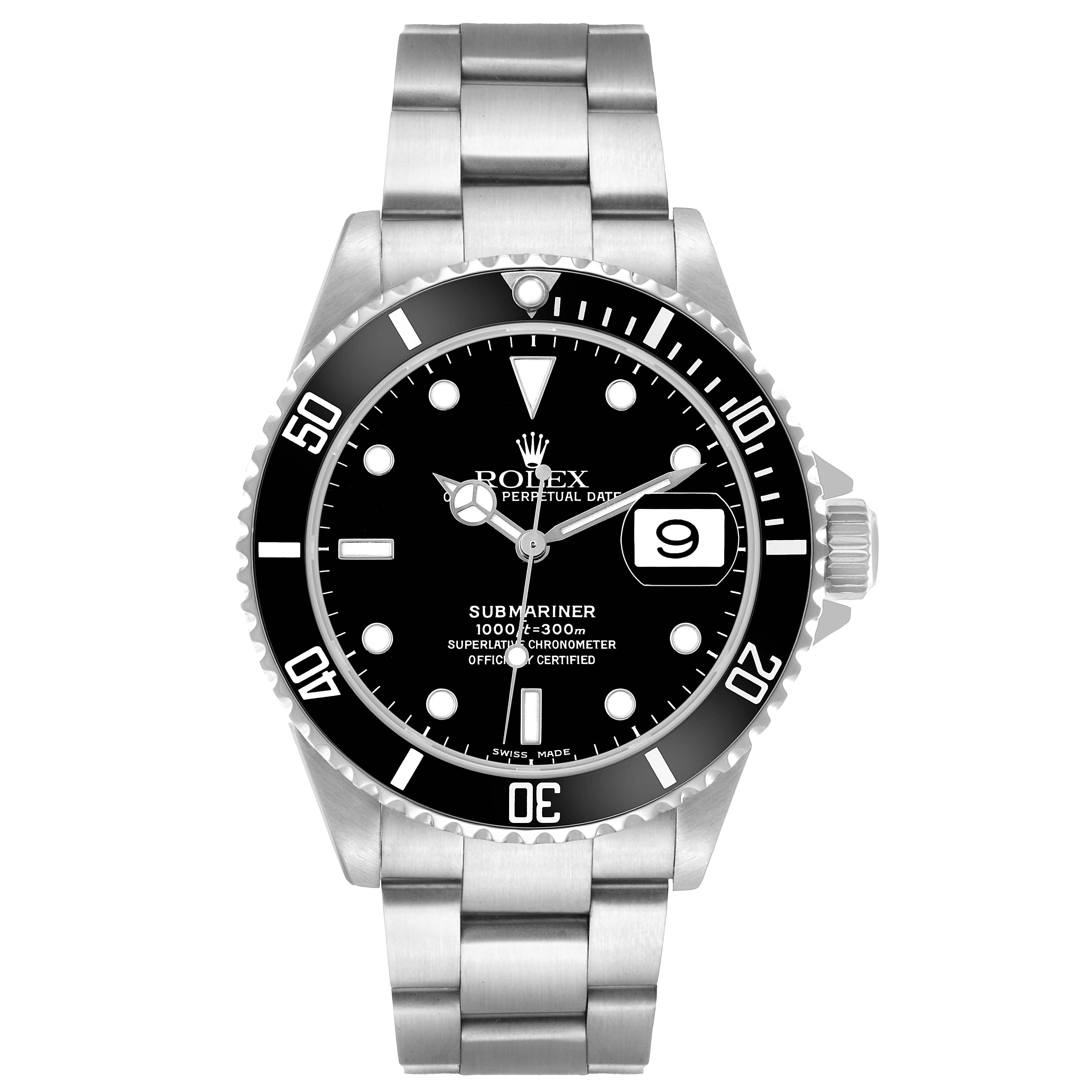 The Rolex Submariner 16610 Men's Stainless Steel Black Dial watch is shown from the front, displaying the face, bezel, and metal bracelet clearly.