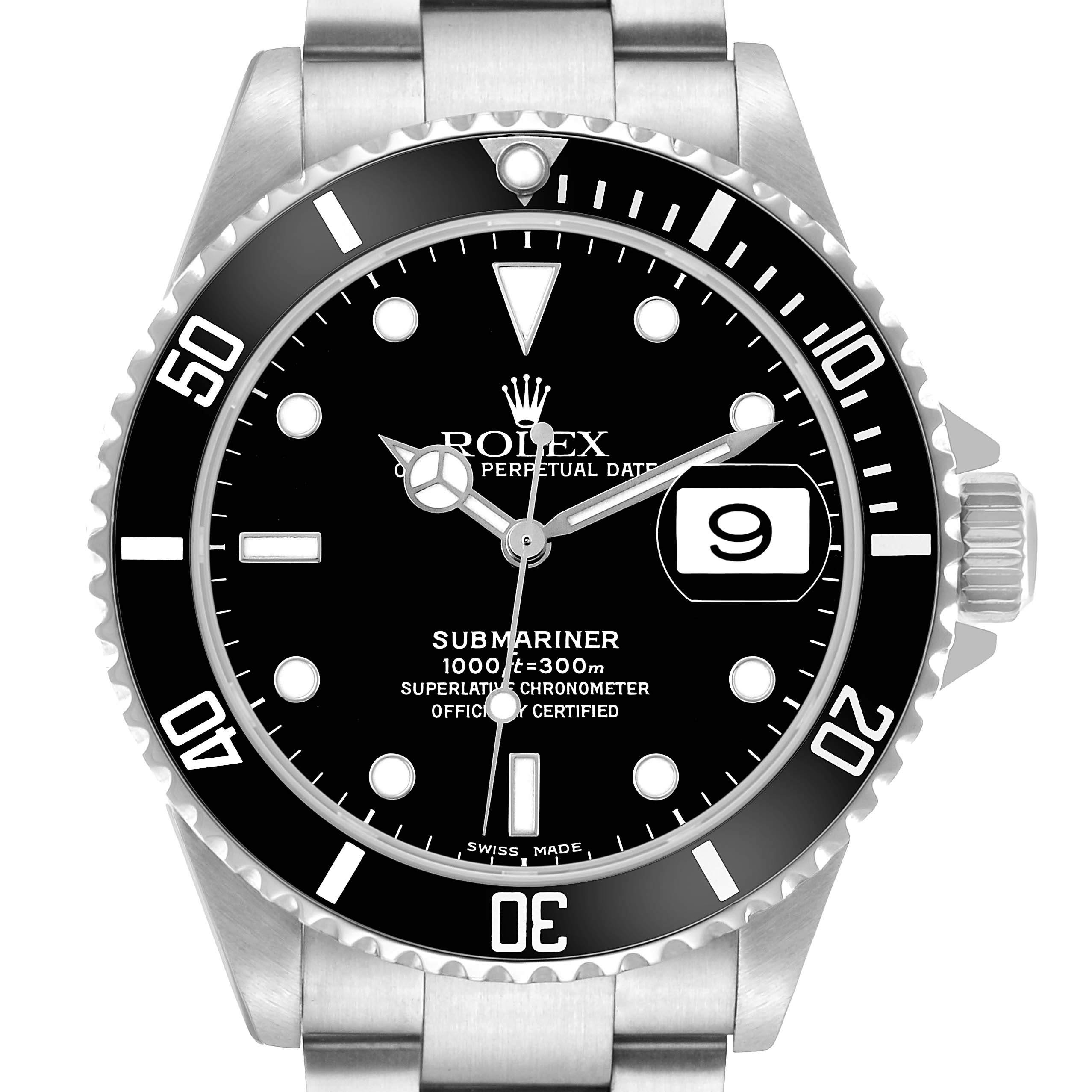 The Rolex Submariner 16610 Men's Stainless Steel Black Dial watch is shown from a front angle, displaying the dial, bezel, date window, and part of the bracelet.