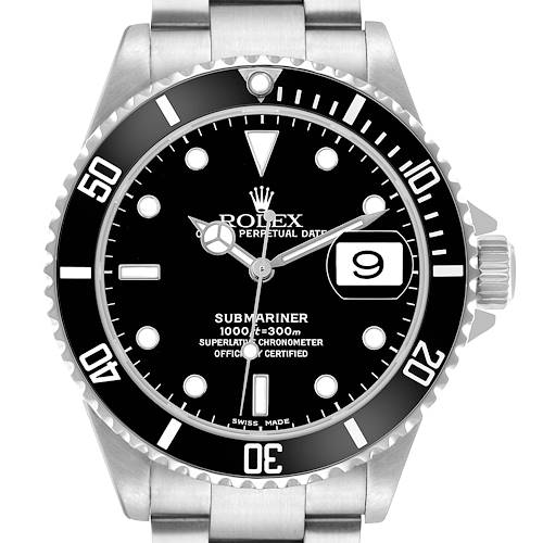 The Rolex Submariner 16610 Men's Stainless Steel Black Dial watch is shown from the front, highlighting the dial, bezel, date magnifier, and part of the bracelet.