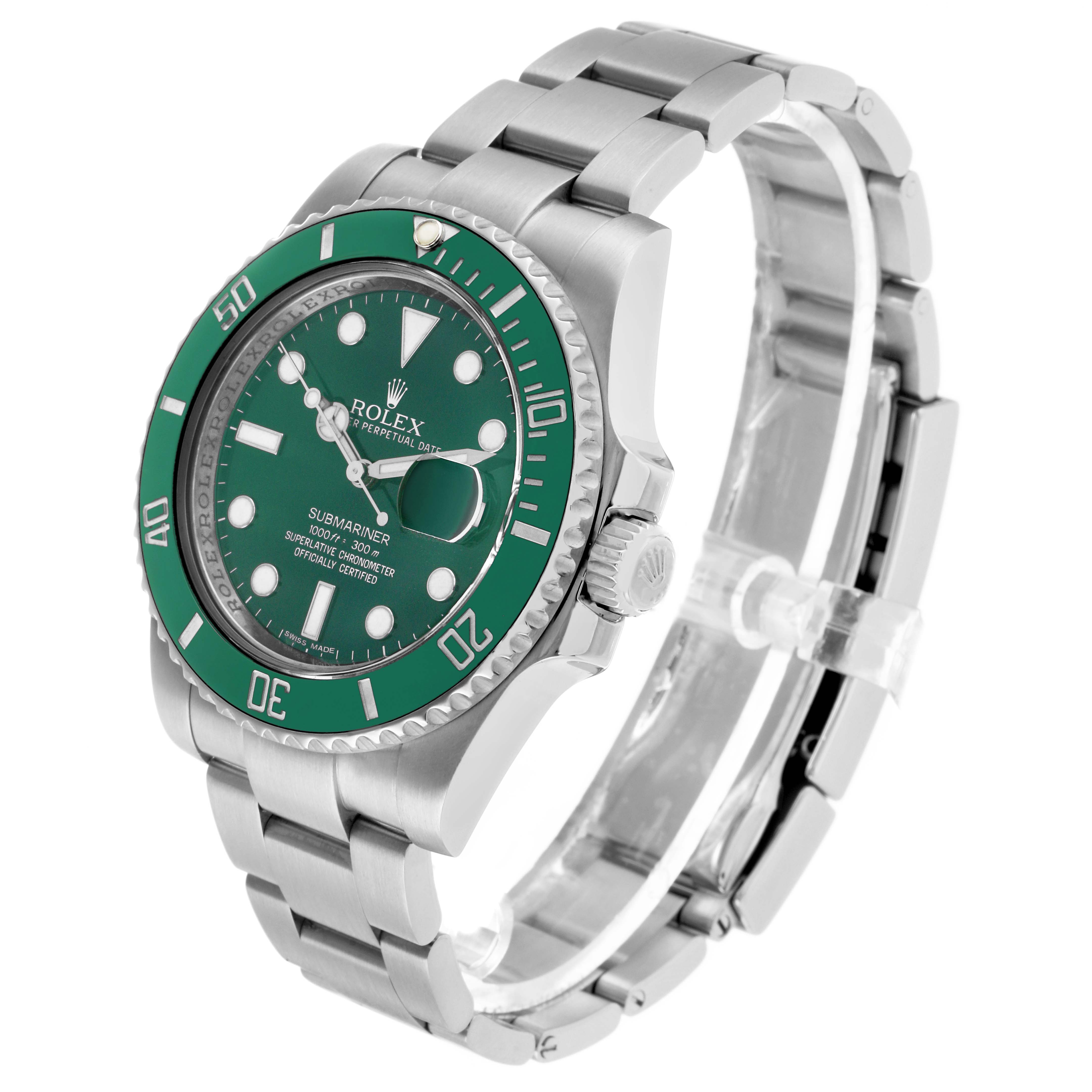 The Rolex Submariner 116610LV Men's Stainless Steel Green Dial watch is shown at a three-quarter angle, displaying the face, bezel, crown, and bracelet.
