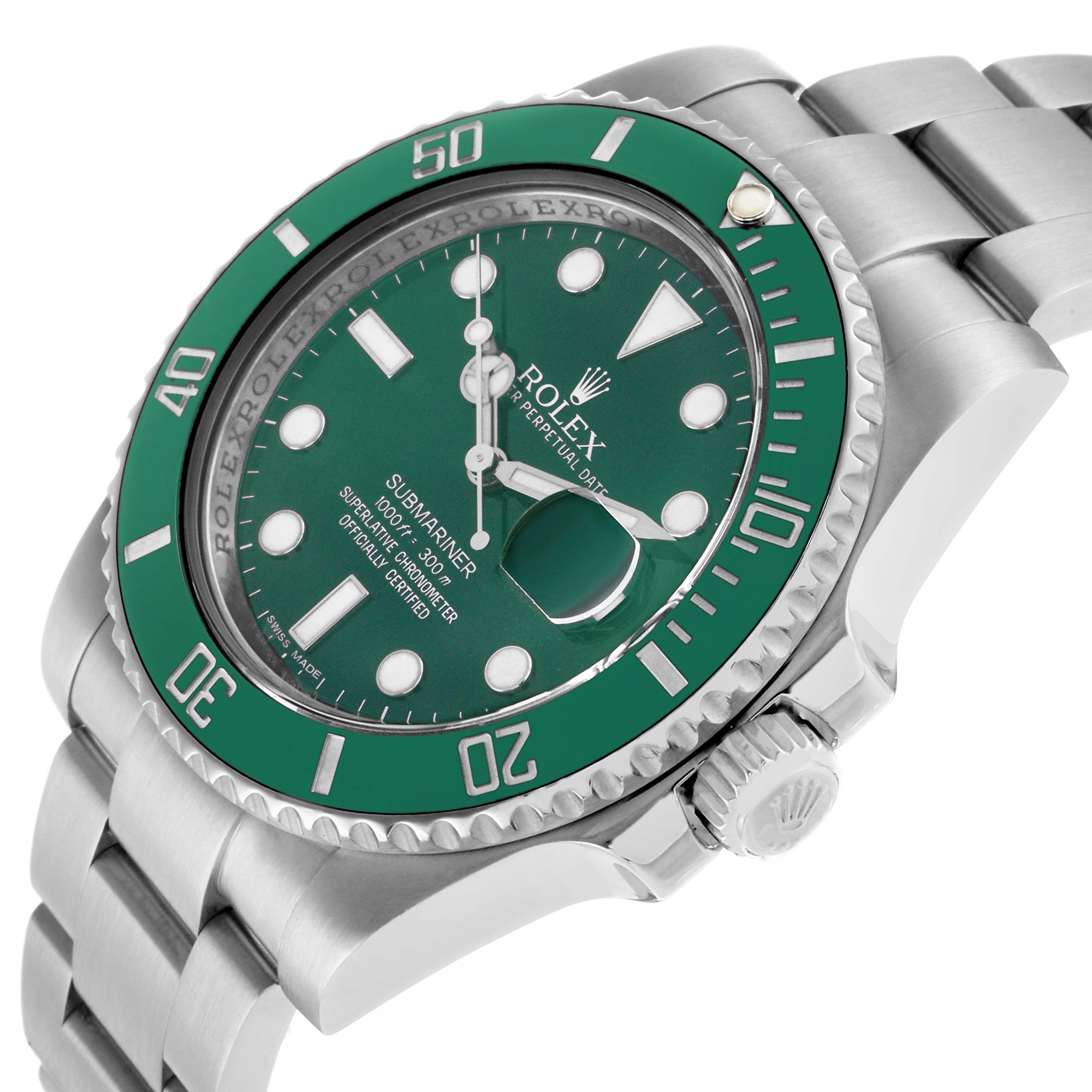 The Rolex Submariner 116610LV Men's Stainless Steel Green Dial watch is shown from a high angle, highlighting the green bezel, dial, crown, and bracelet.