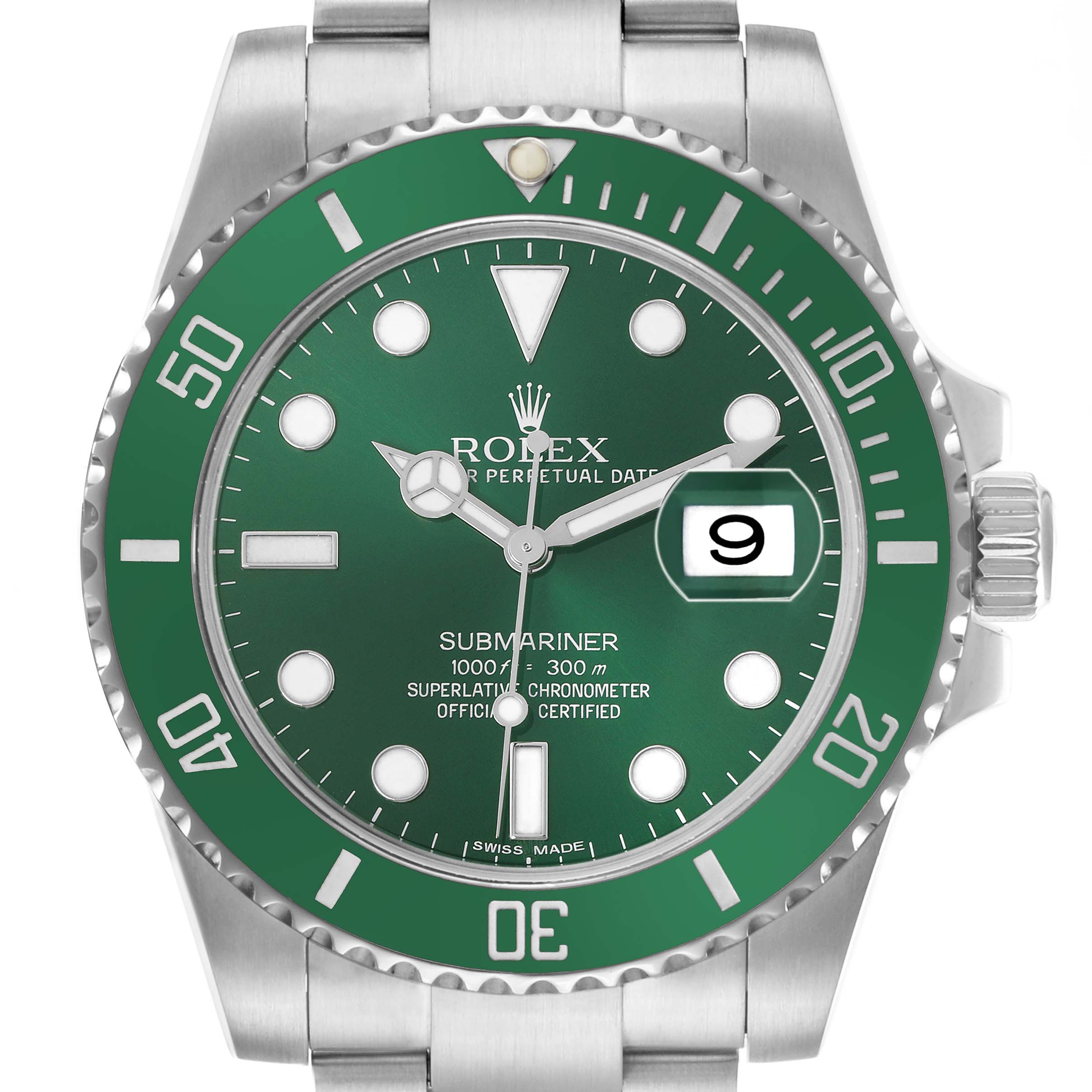 The Rolex Submariner 116610LV Men's Stainless Steel Green Dial watch is shown from a top-down angle, highlighting the green bezel, dial, hands, and date window.