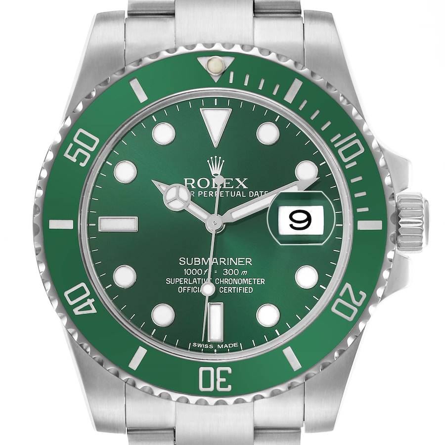 The Rolex Submariner 116610LV Men's Stainless Steel Green Dial watch is shown from a top-down angle, highlighting the green bezel, dial, hands, and date window.