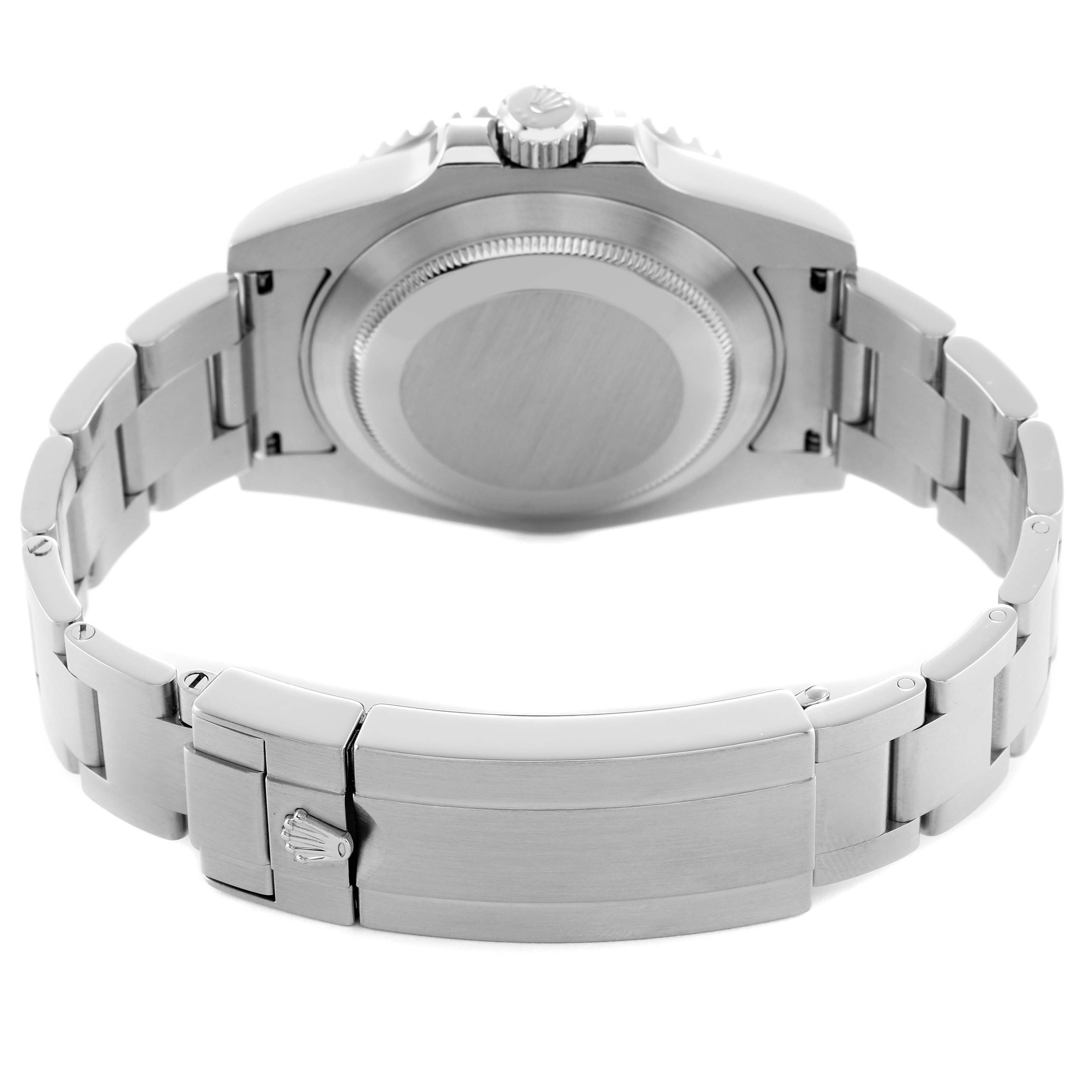 The image shows the back of a Rolex Submariner 116610LV Men's Stainless Steel Green Dial, highlighting the clasp, bracelet, and case back from a rear angle.