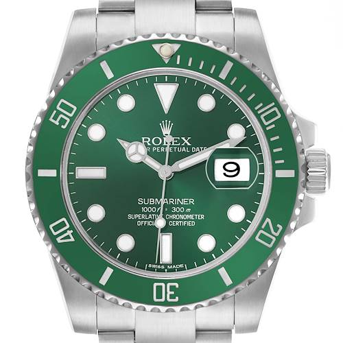 The Rolex Submariner 116610LV Men's Stainless Steel Green Dial watch is shown from a front angle, displaying its green dial, bezel, and date window.
