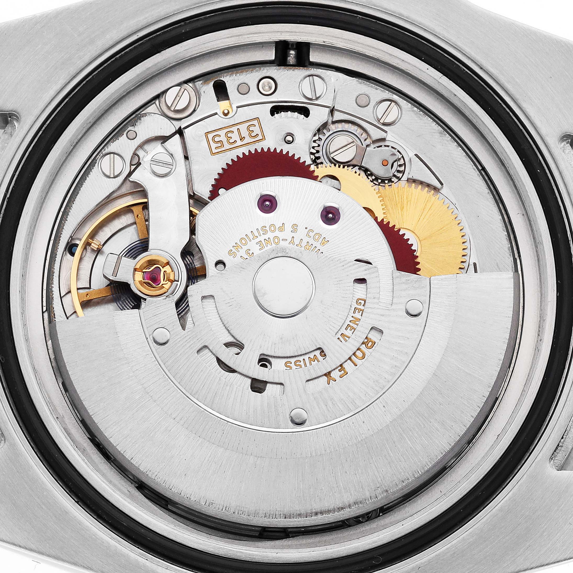 The image shows the movement mechanism of a Rolex Submariner 116610LV Men's Stainless Steel Green Dial watch from the back.