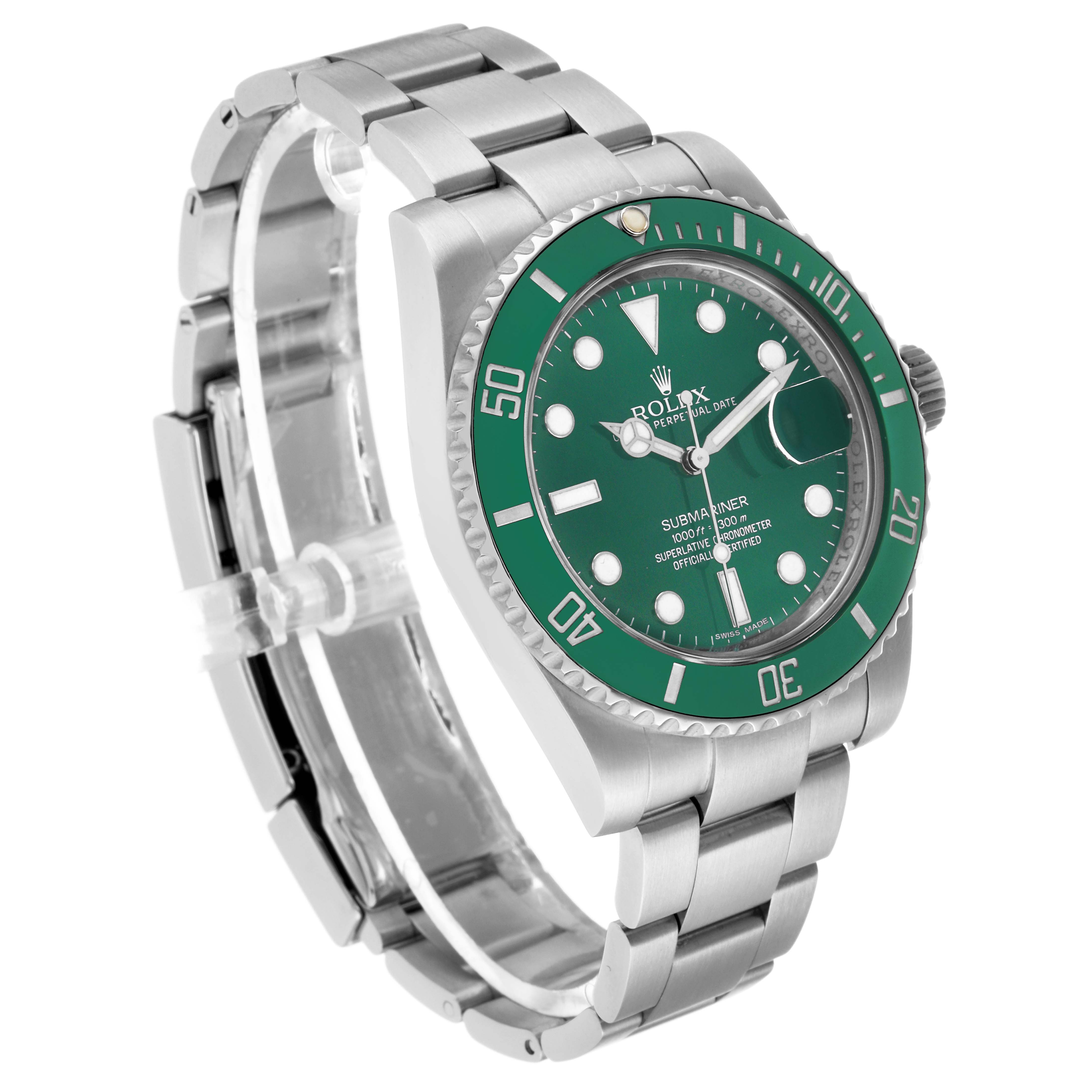 The Rolex Submariner 116610LV Men's Stainless Steel Green Dial is shown from a three-quarter angle, displaying the green bezel, dial, and part of the bracelet.