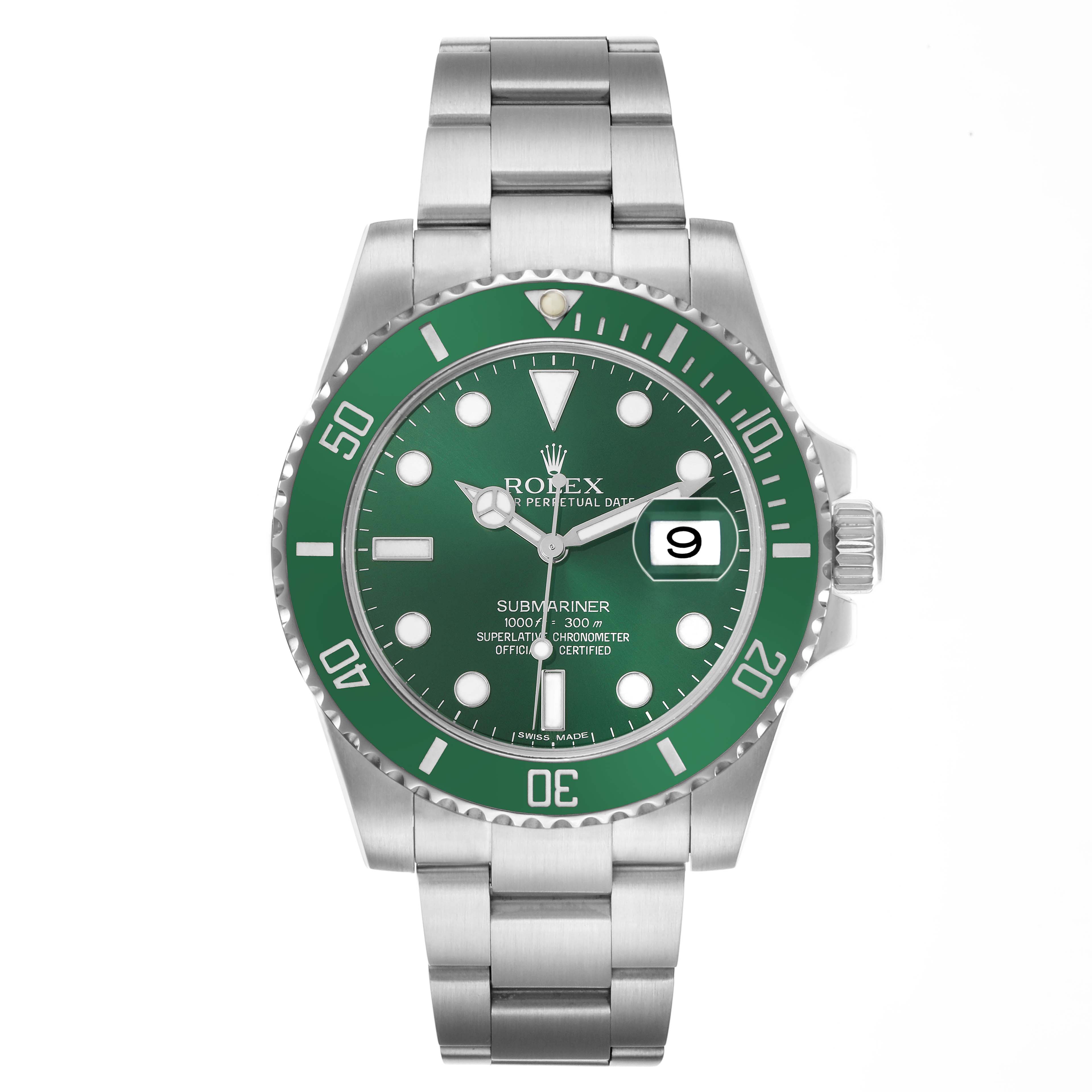 The Rolex Submariner 116610LV Men's Stainless Steel Green Dial watch is shown from a straight-on angle, highlighting its green bezel, dial, and stainless steel bracelet.