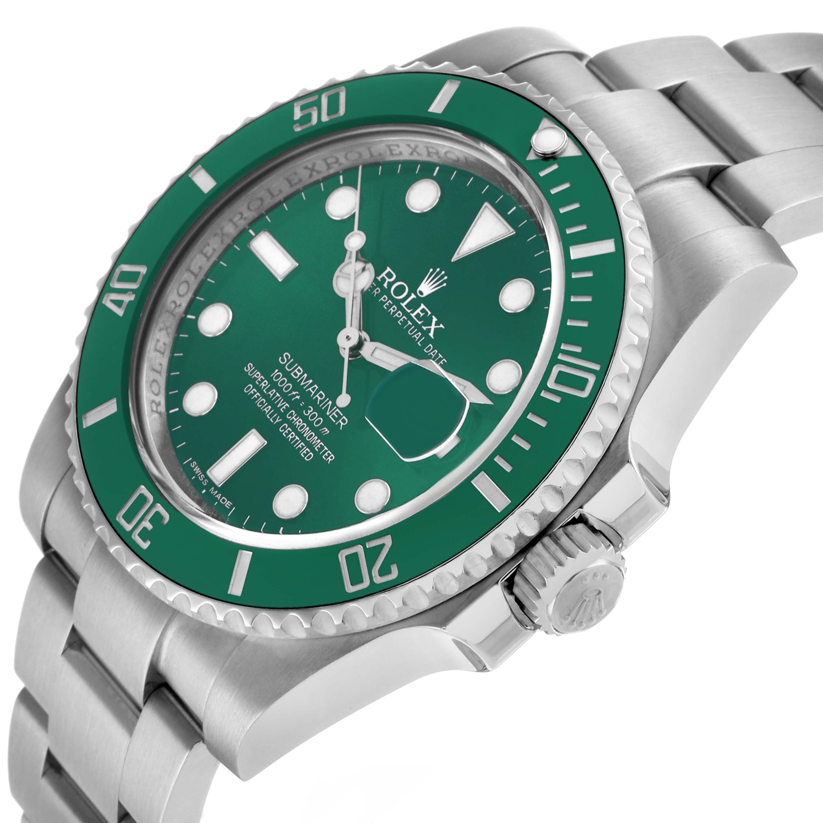 The Rolex Submariner 116610LV Men's Stainless Steel Green Dial watch is shown at an angled side view, highlighting the green bezel, dial, crown, and bracelet.
