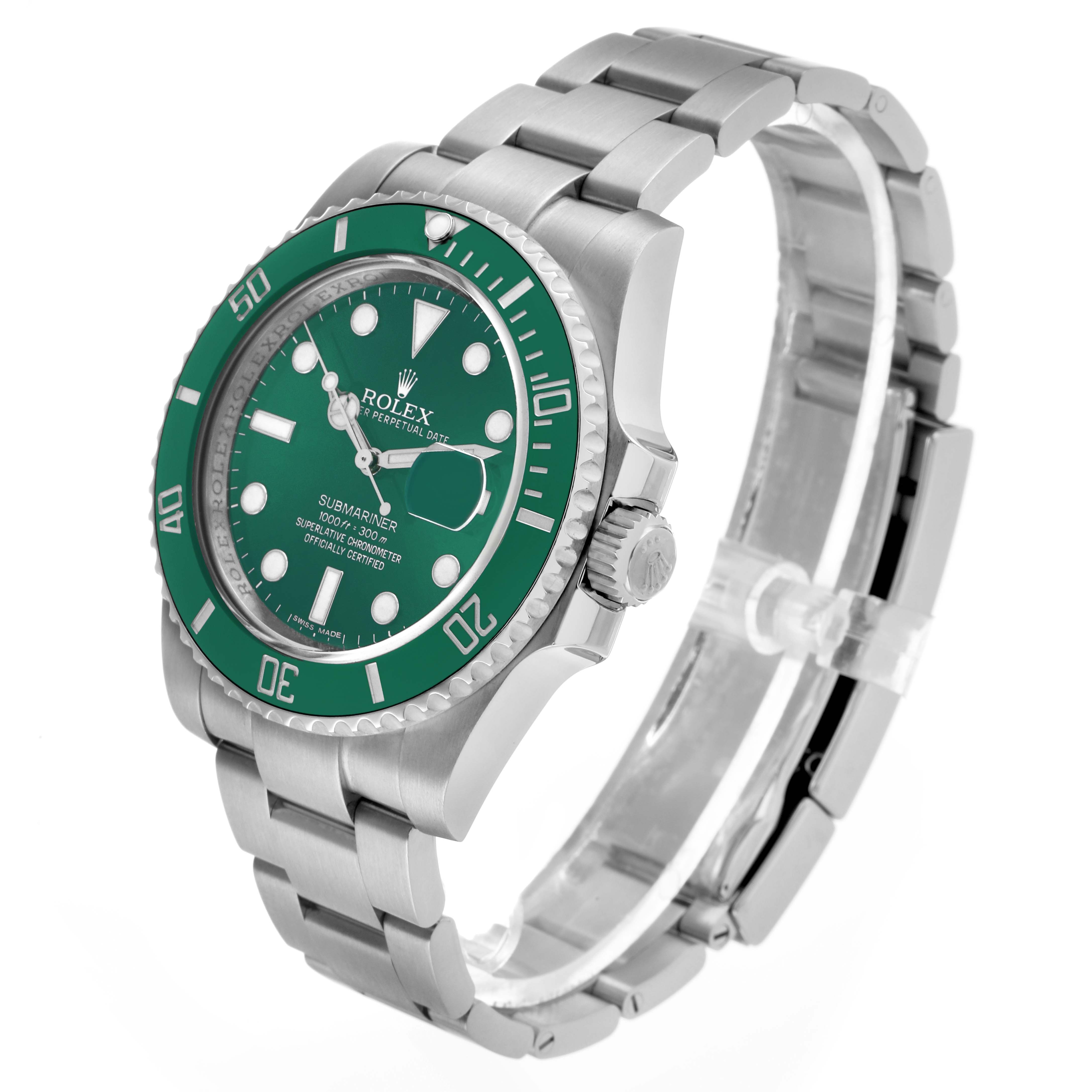The Rolex Submariner 116610LV Men's Stainless Steel Green Dial watch is shown at a slight angle, displaying its face, bezel, crown, and bracelet.