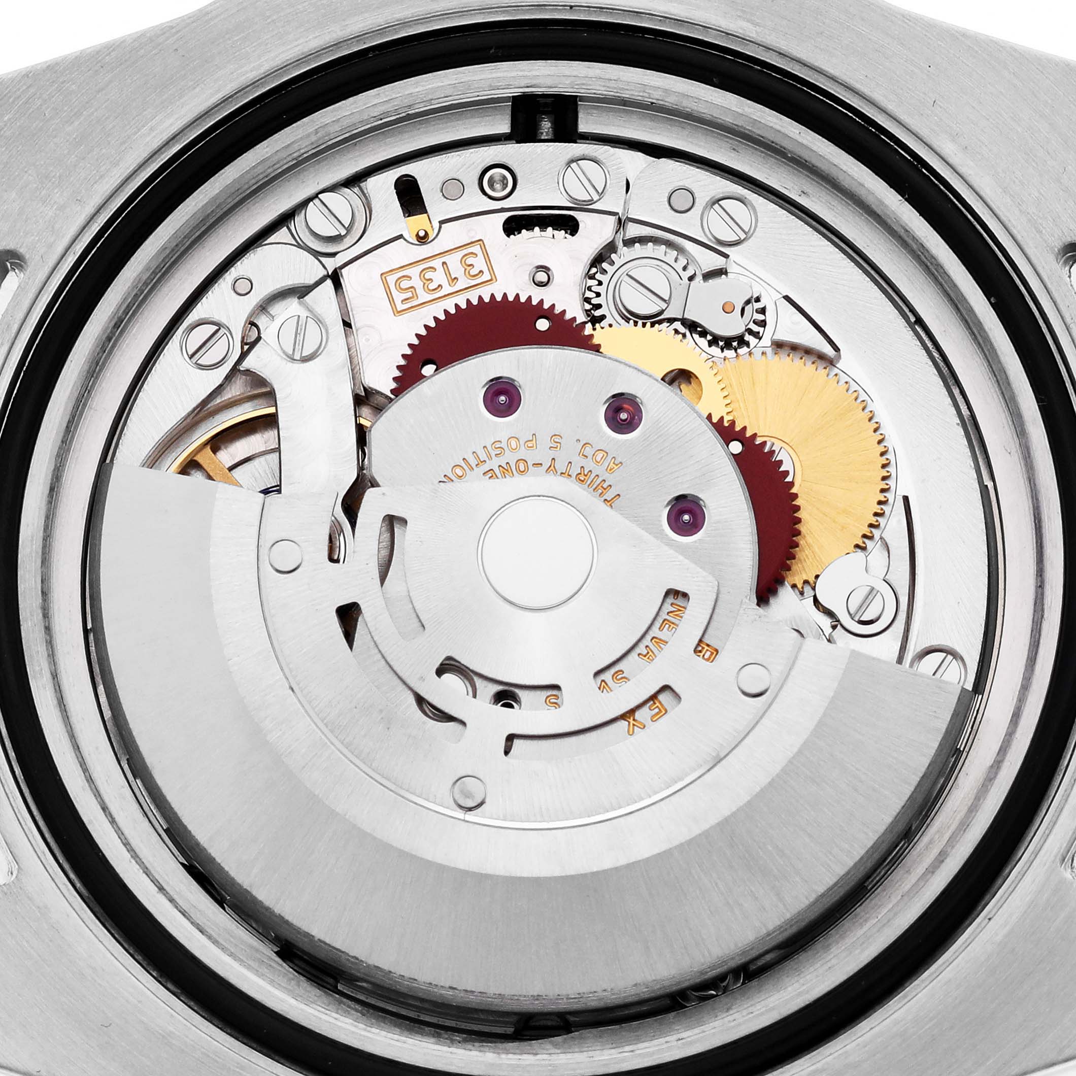 The image shows the movement and internal components of a Rolex Submariner 116610LV Men's Stainless Steel Green Dial watch from a top-down angle.