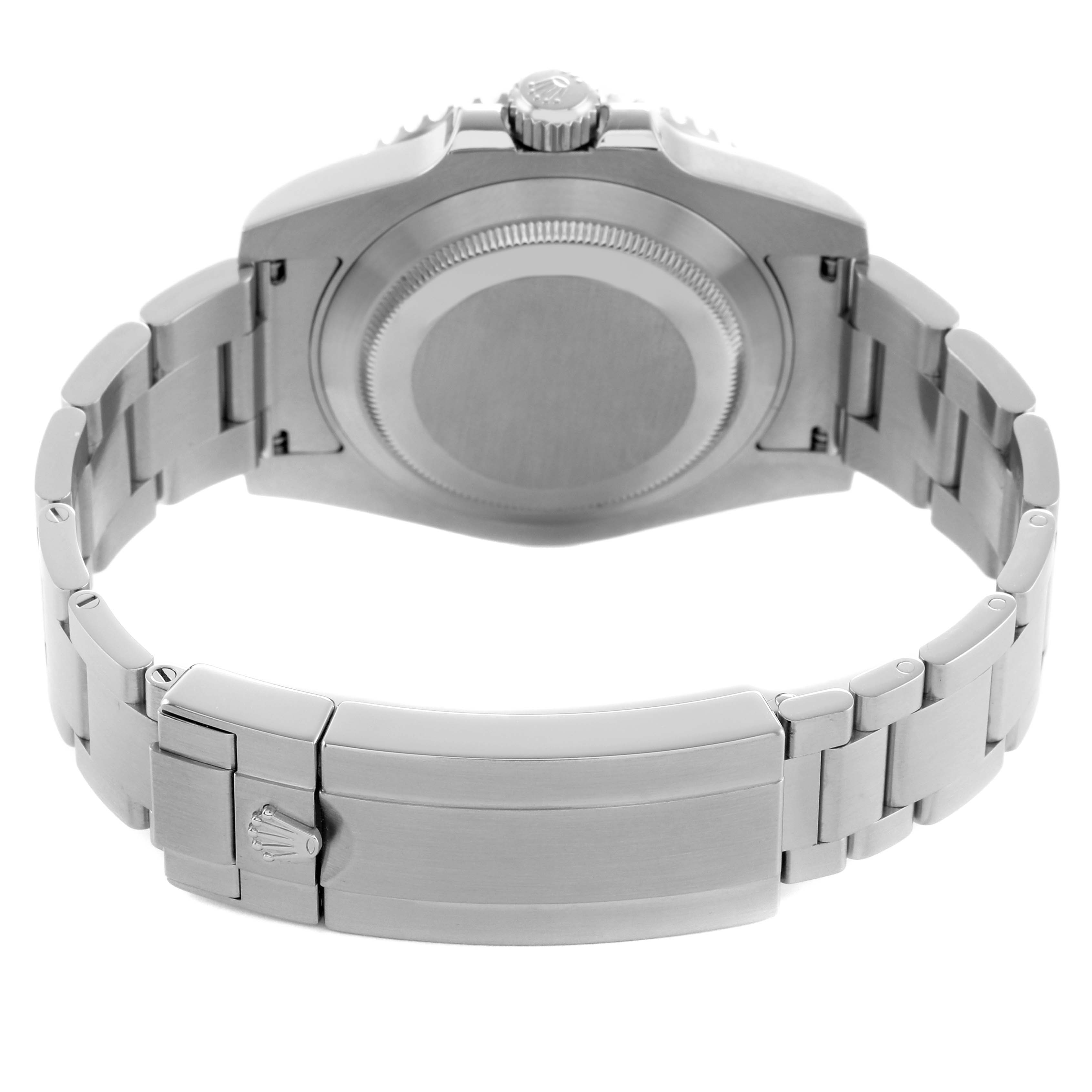 The image shows the back view of a Rolex Submariner 116610LV Men's Stainless Steel Green Dial, featuring the case back, crown, and bracelet with the clasp.