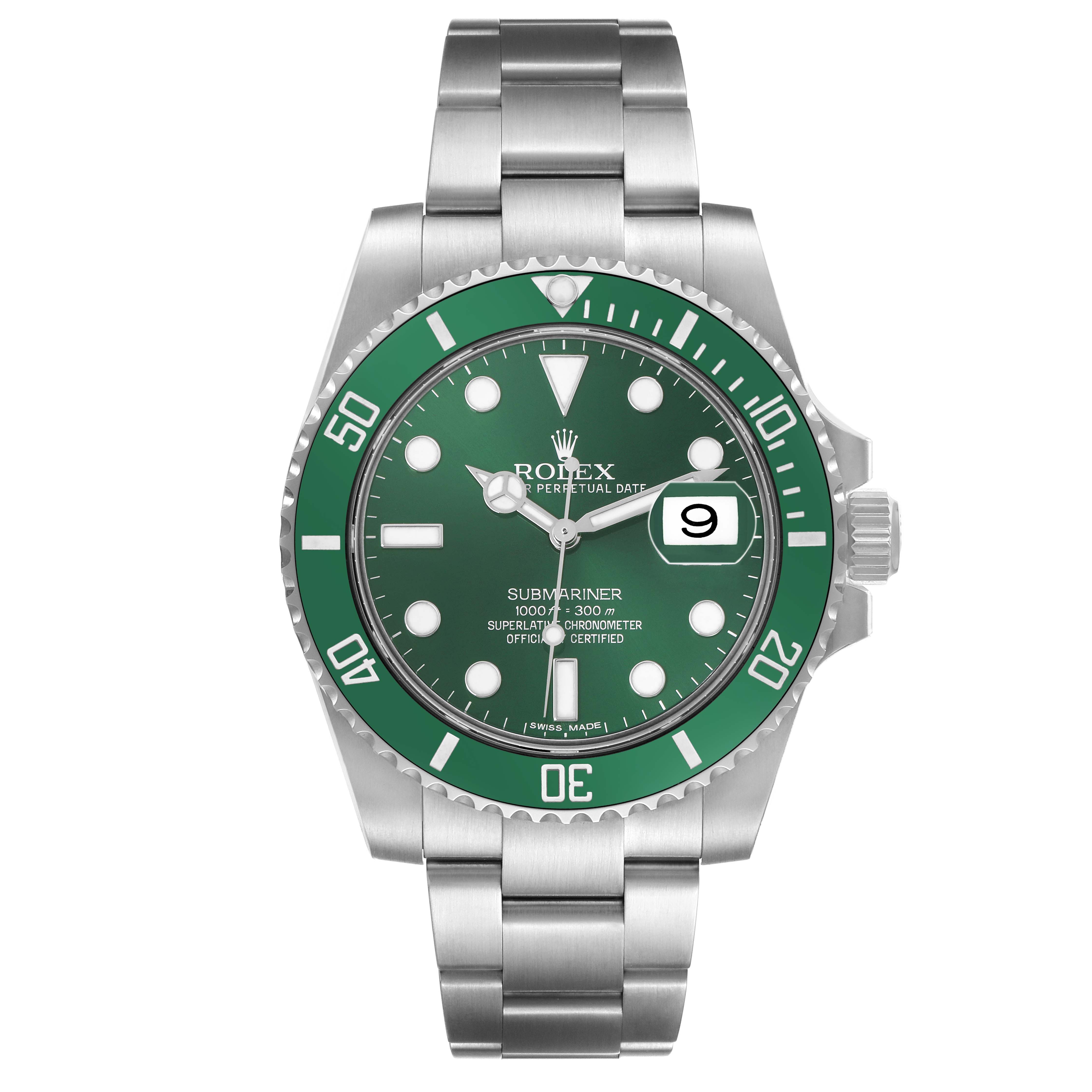 The Rolex Submariner 116610LV Men's Stainless Steel Green Dial watch is shown from the front, displaying the green dial, date, and bracelet with a clear view of the bezel.