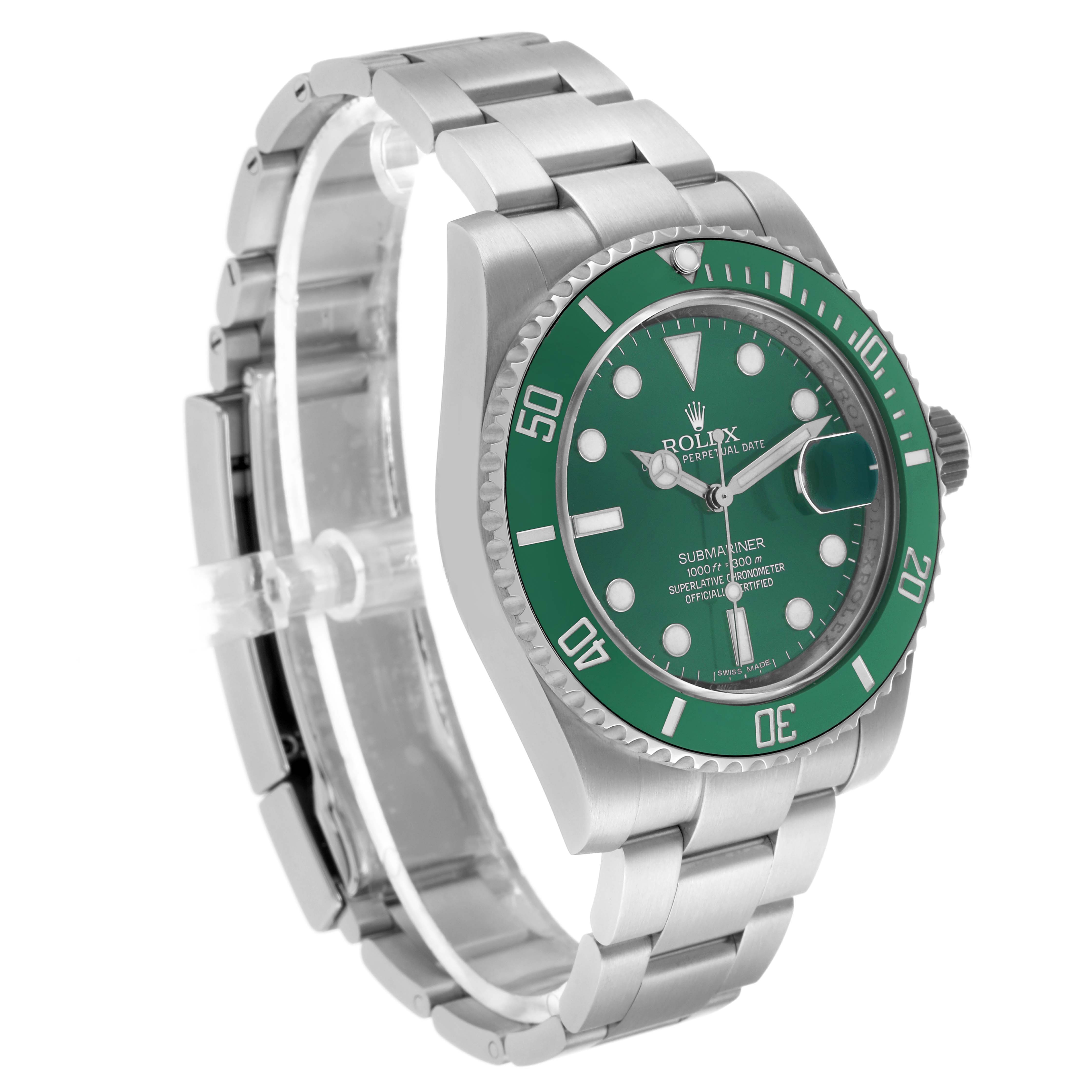 The Rolex Submariner 116610LV Men's Stainless Steel Green Dial is shown at a slight angle from the side, highlighting the green dial, bezel, and metal bracelet.