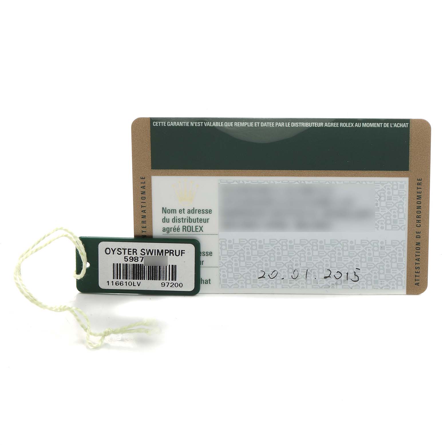 The image shows a warranty card and tag for a Rolex Submariner 116610LV Men's Stainless Steel Green Dial, displaying model details and purchase date.