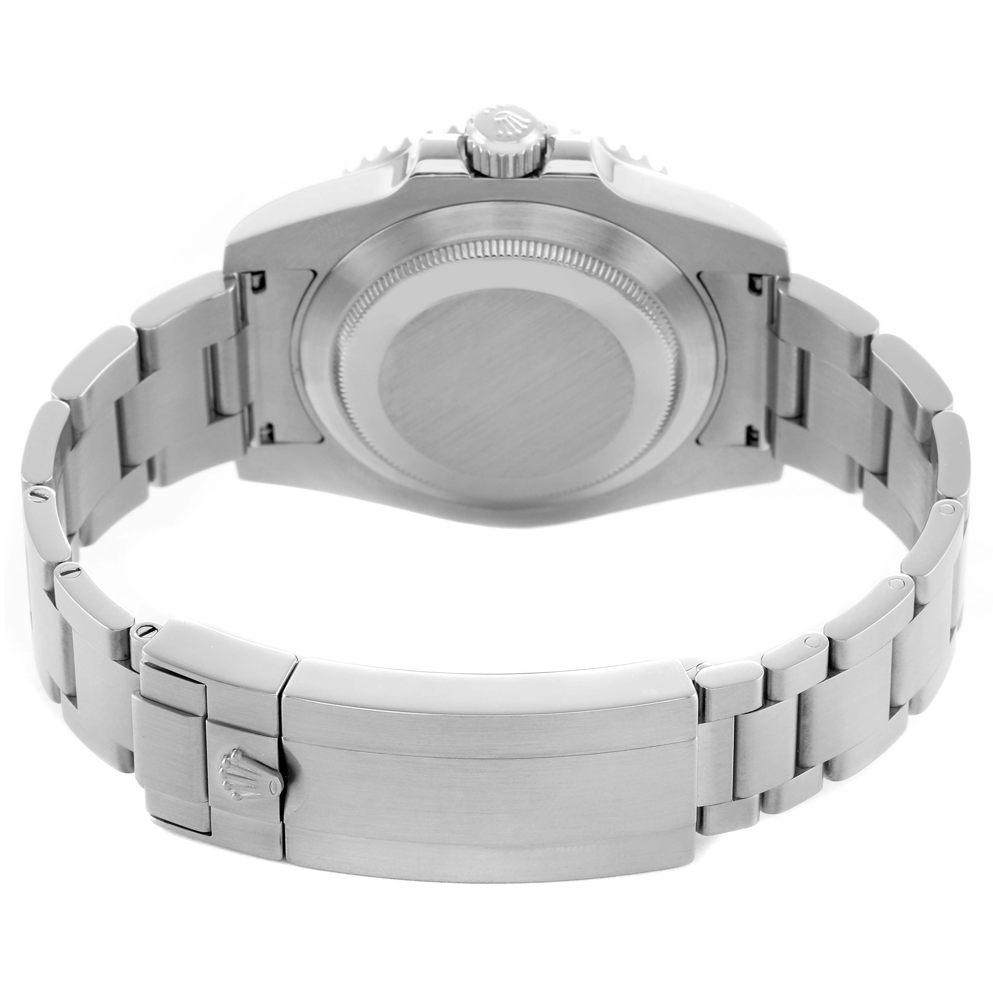 The image shows the back of a Rolex Submariner 114060 Men's Stainless Steel Black Dial, highlighting the case back, bracelet, and clasp.