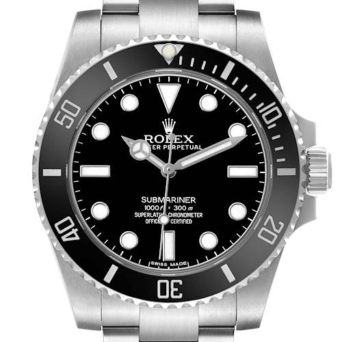 The Rolex Submariner 114060 Men's Stainless Steel Black Dial watch is shown from a front angle, displaying the dial, bezel, crown, and part of the bracelet.