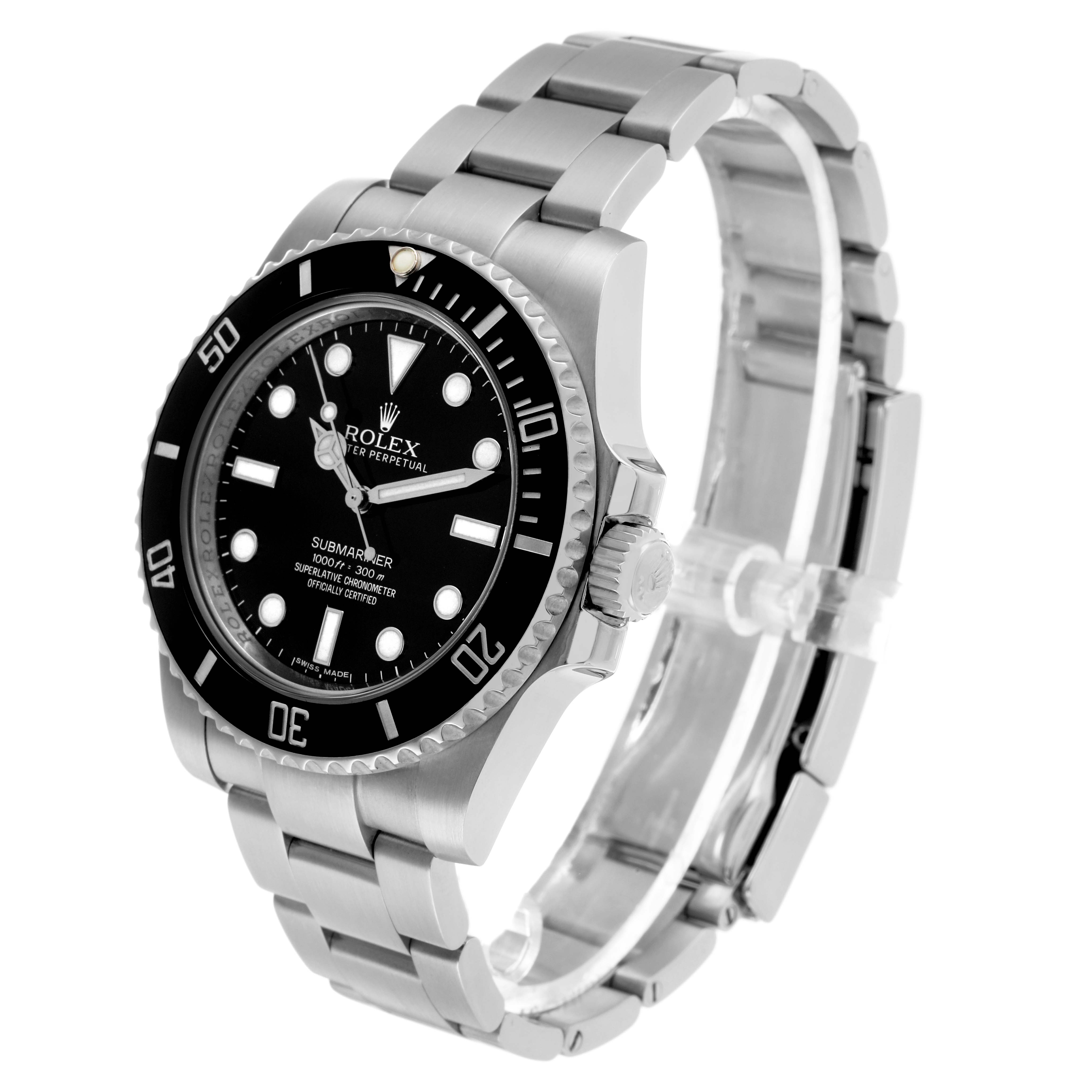 The Rolex Submariner 114060 Men's Stainless Steel Black Dial watch is shown at a three-quarter angle, highlighting the dial, bezel, and bracelet.