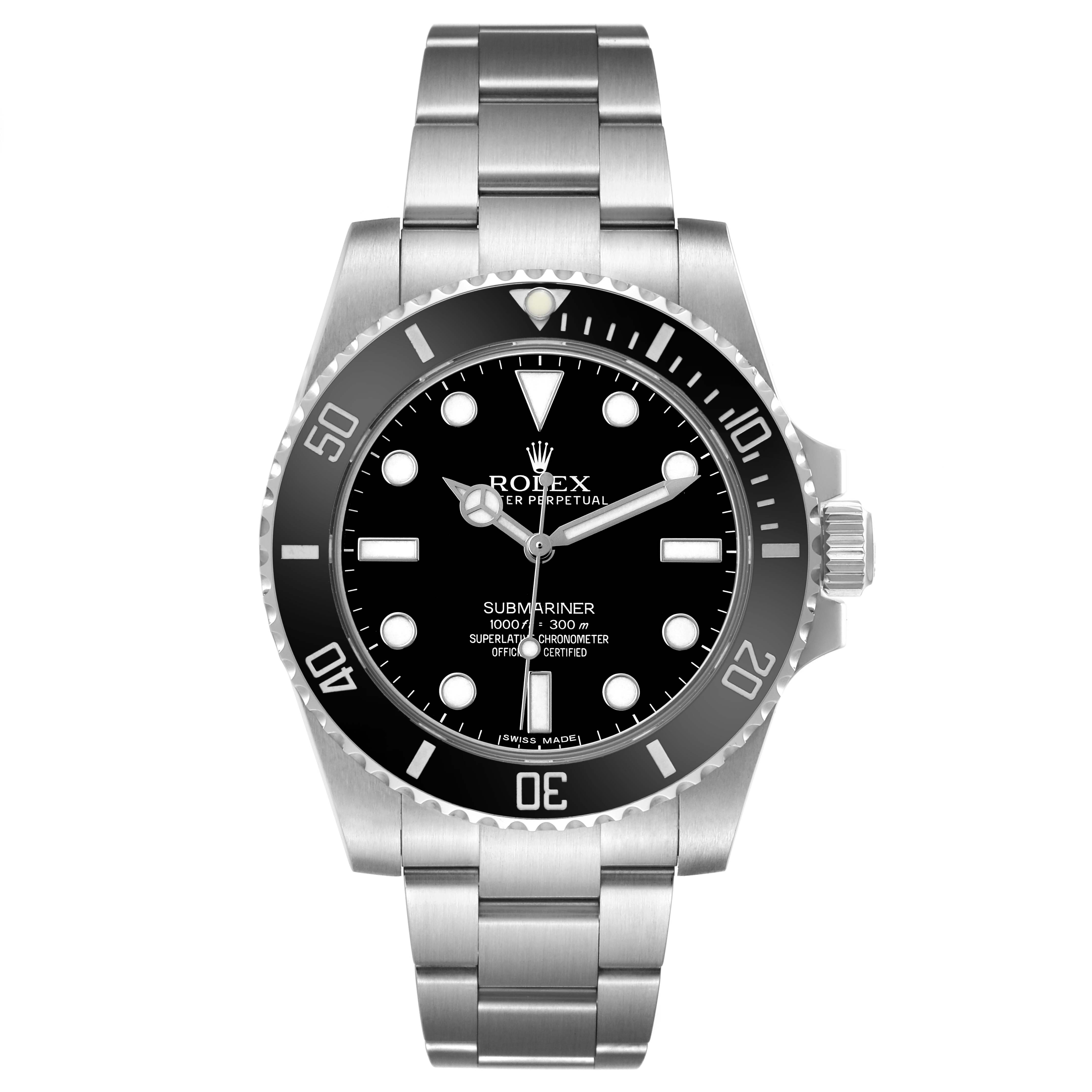 The image shows a frontal view of the Rolex Submariner 114060 Men's Stainless Steel Black Dial, showcasing the dial, bezel, bracelet, and crown.