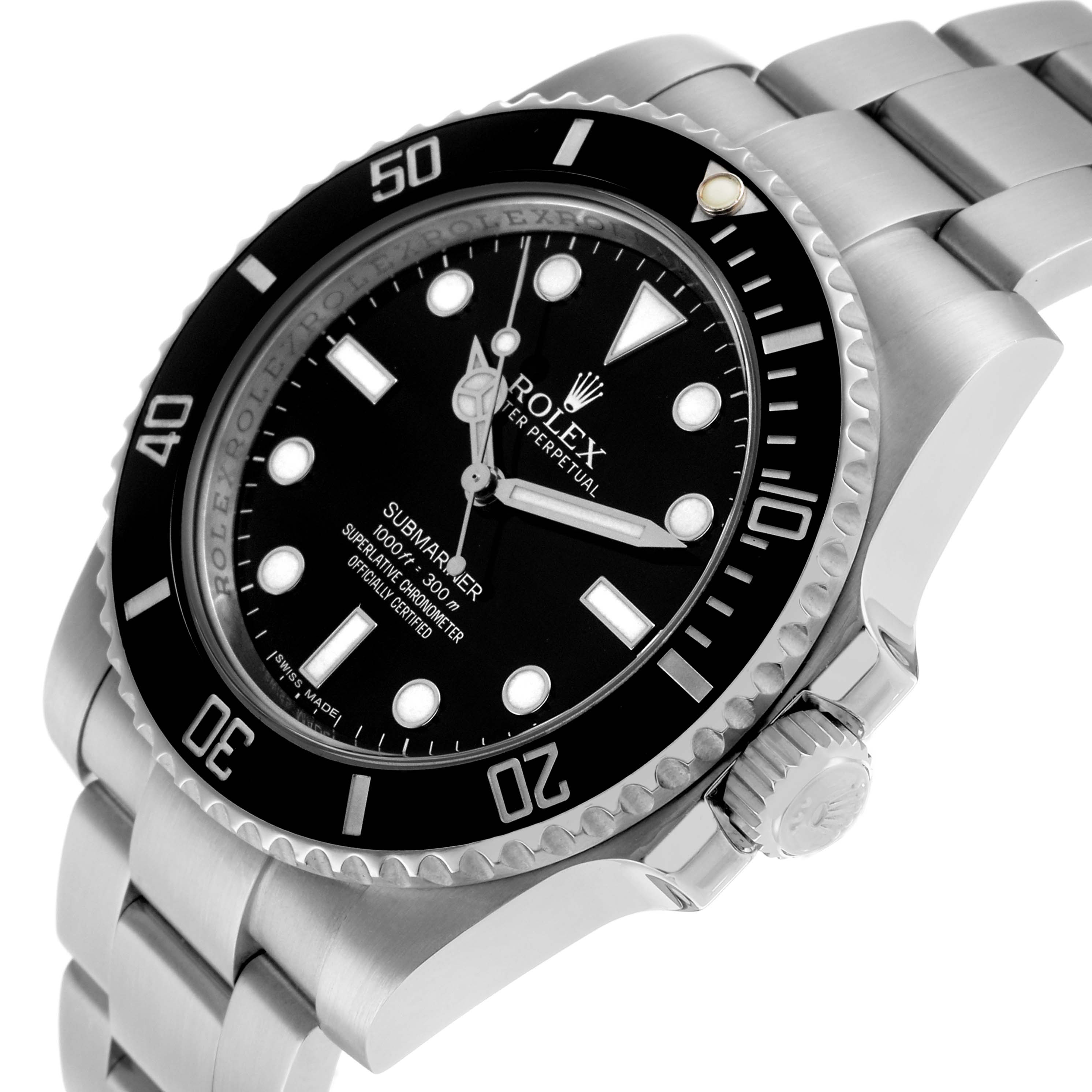 The Rolex Submariner 114060 Men's Stainless Steel Black Dial watch is shown at a three-quarter angle, highlighting the dial, bezel, crown, and part of the bracelet.