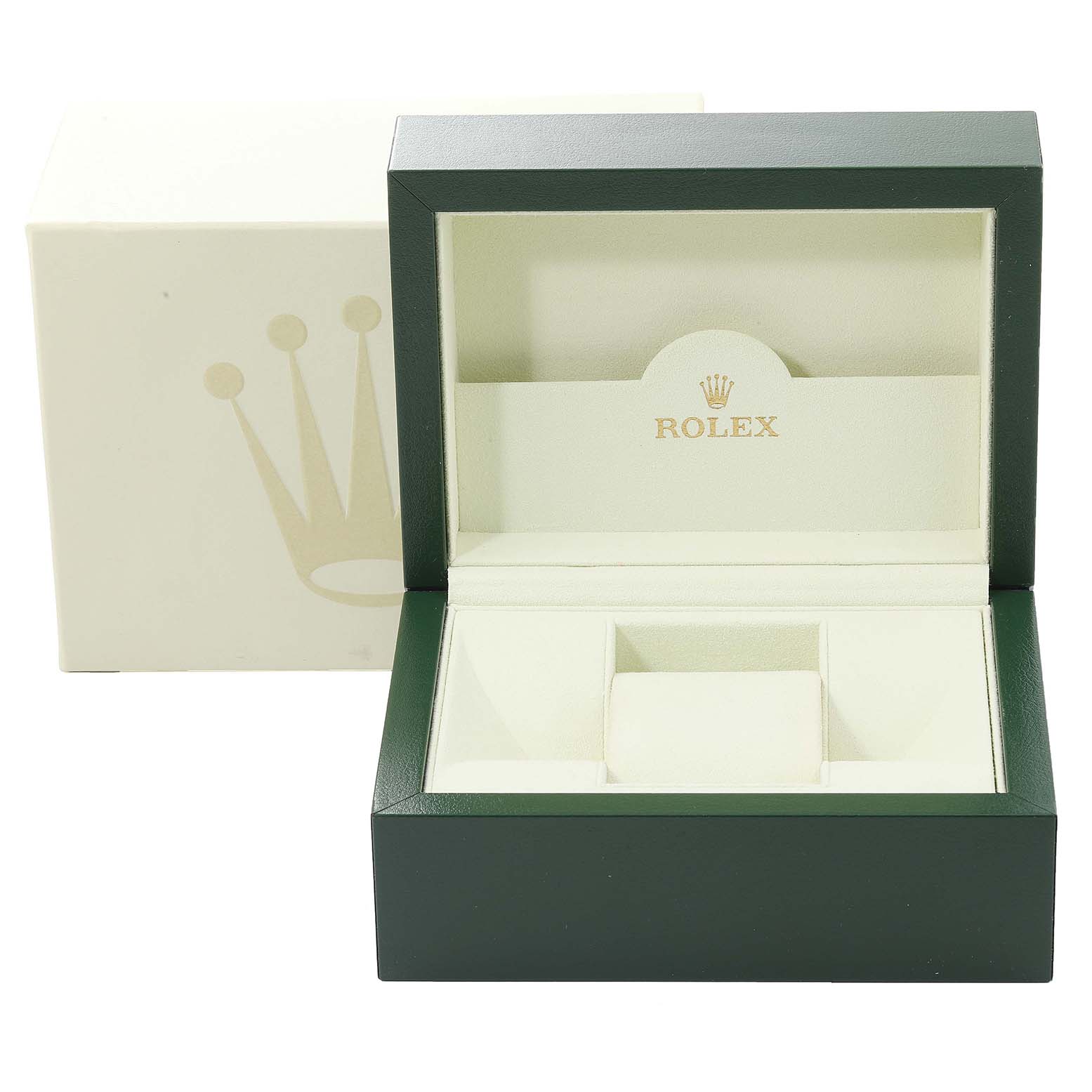 The image shows an open Rolex Turn-o-Graph 116264 Men
s Stainless Steel White Dial 116264 Men
s Stainless Steel White Dial watch box, revealing its interior compartments, with the Rolex logo inside.