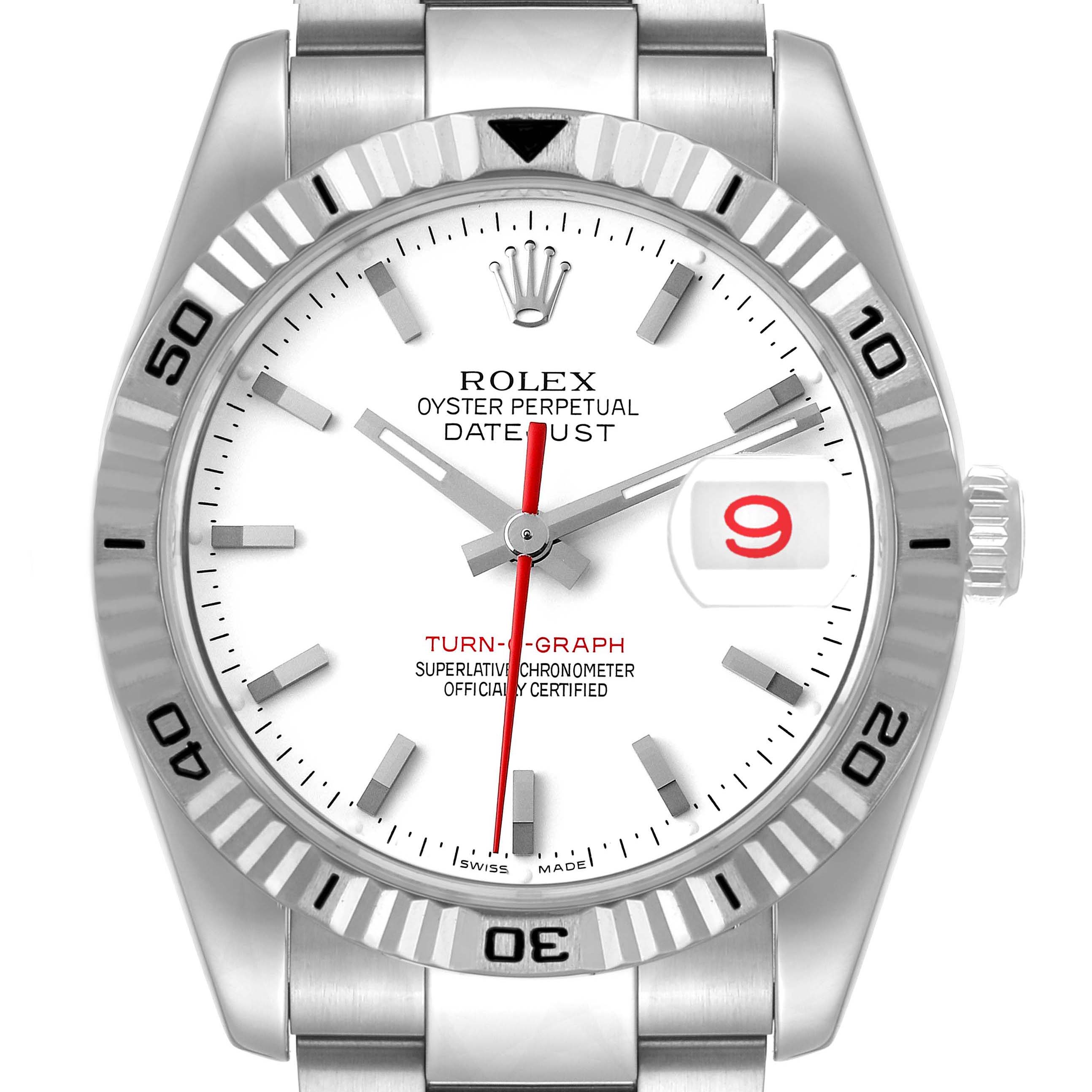 The image shows a front view of a Rolex Turn-o-Graph 116264 Men
s Stainless Steel White Dial 116264 Men
s Stainless Steel White Dial watch, displaying its dial, bezel, hands, and bracelet.