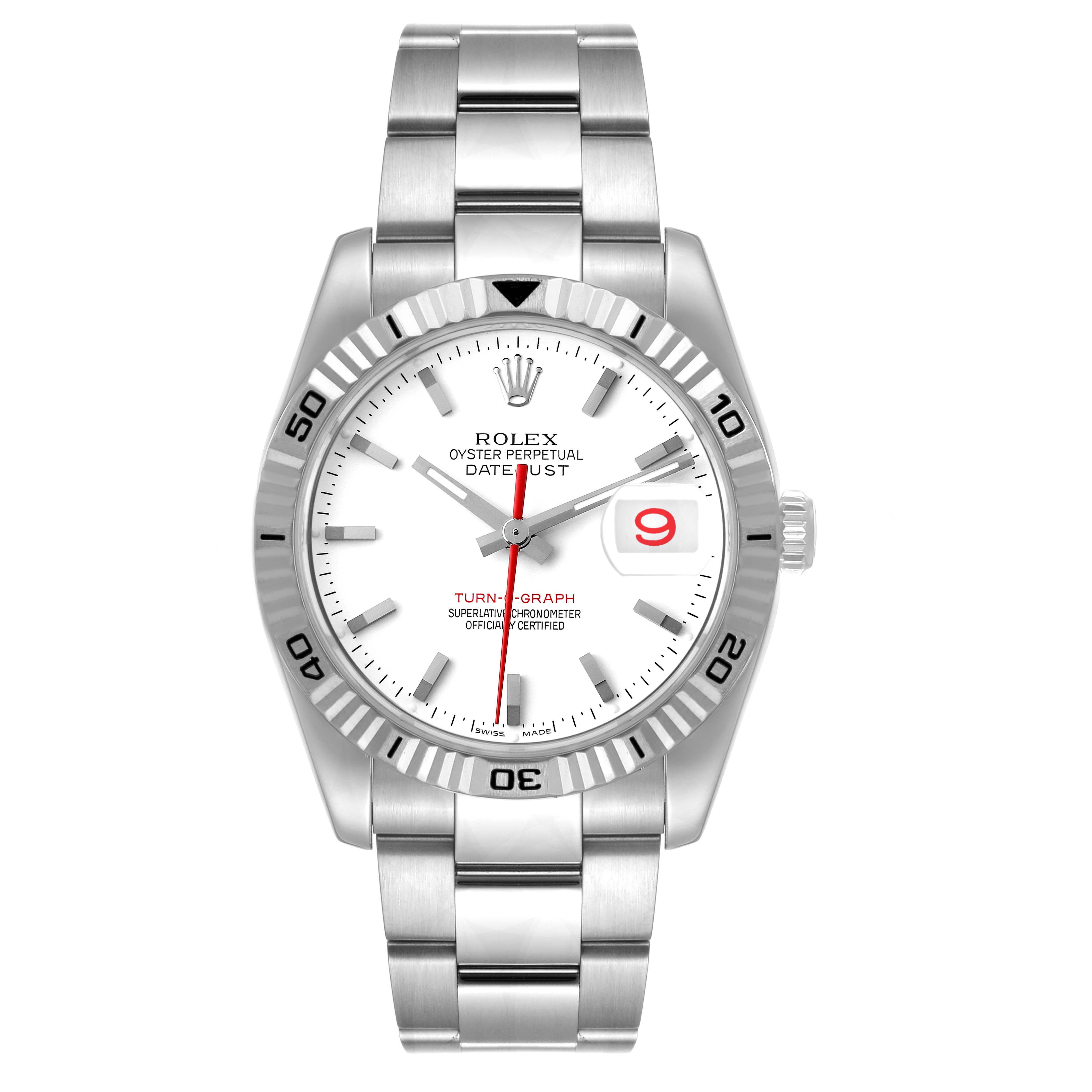 The Rolex Turn-o-Graph 116264 Men
s Stainless Steel White Dial 116264 Men
s Stainless Steel White Dial watch is shown from a top-down angle, highlighting its face, bezel, and bracelet.
