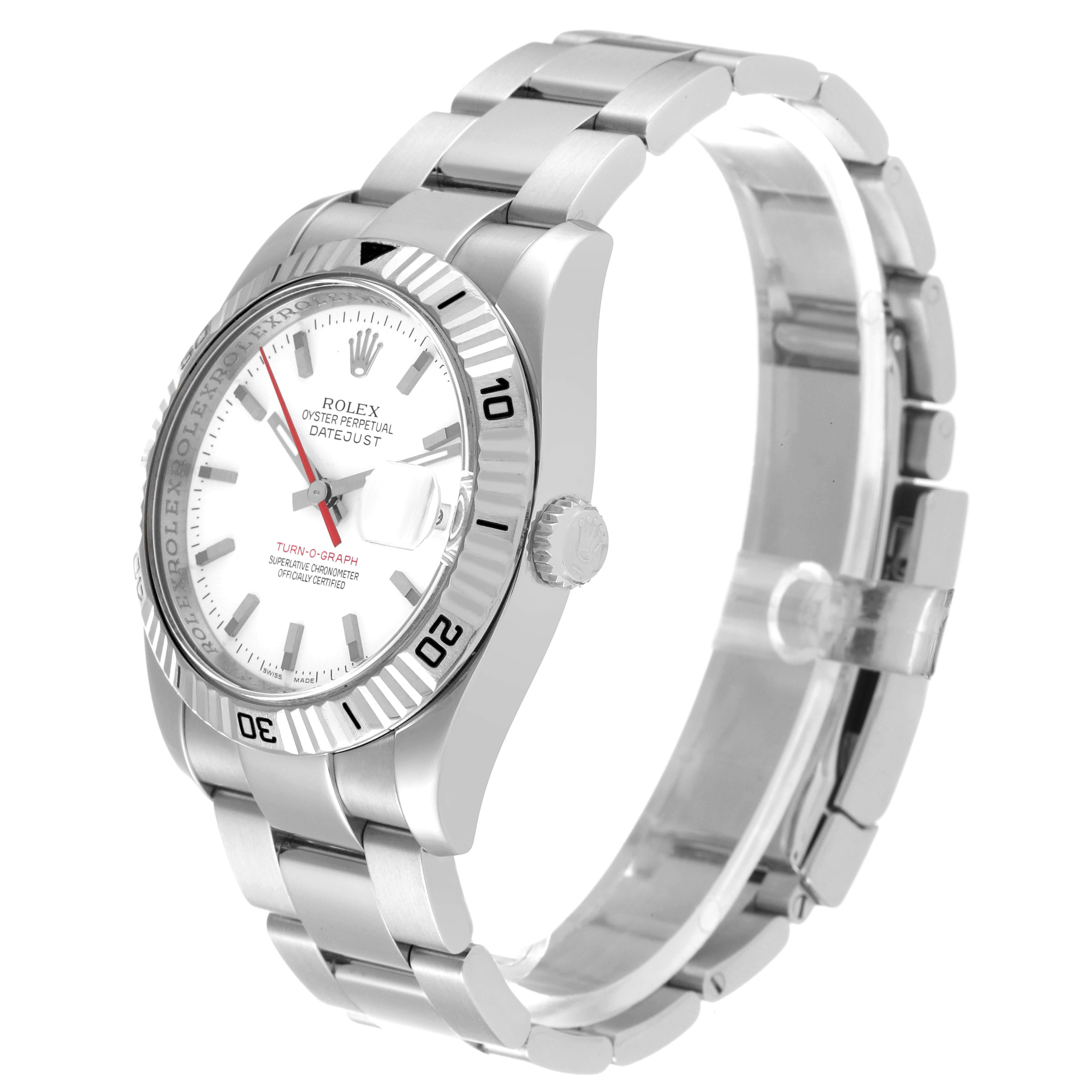 This image shows a Rolex Turn-o-Graph 116264 Men
s Stainless Steel White Dial 116264 Men
s Stainless Steel White Dial watch at a 3/4 angle, highlighting the face, bezel, crown, and bracelet.