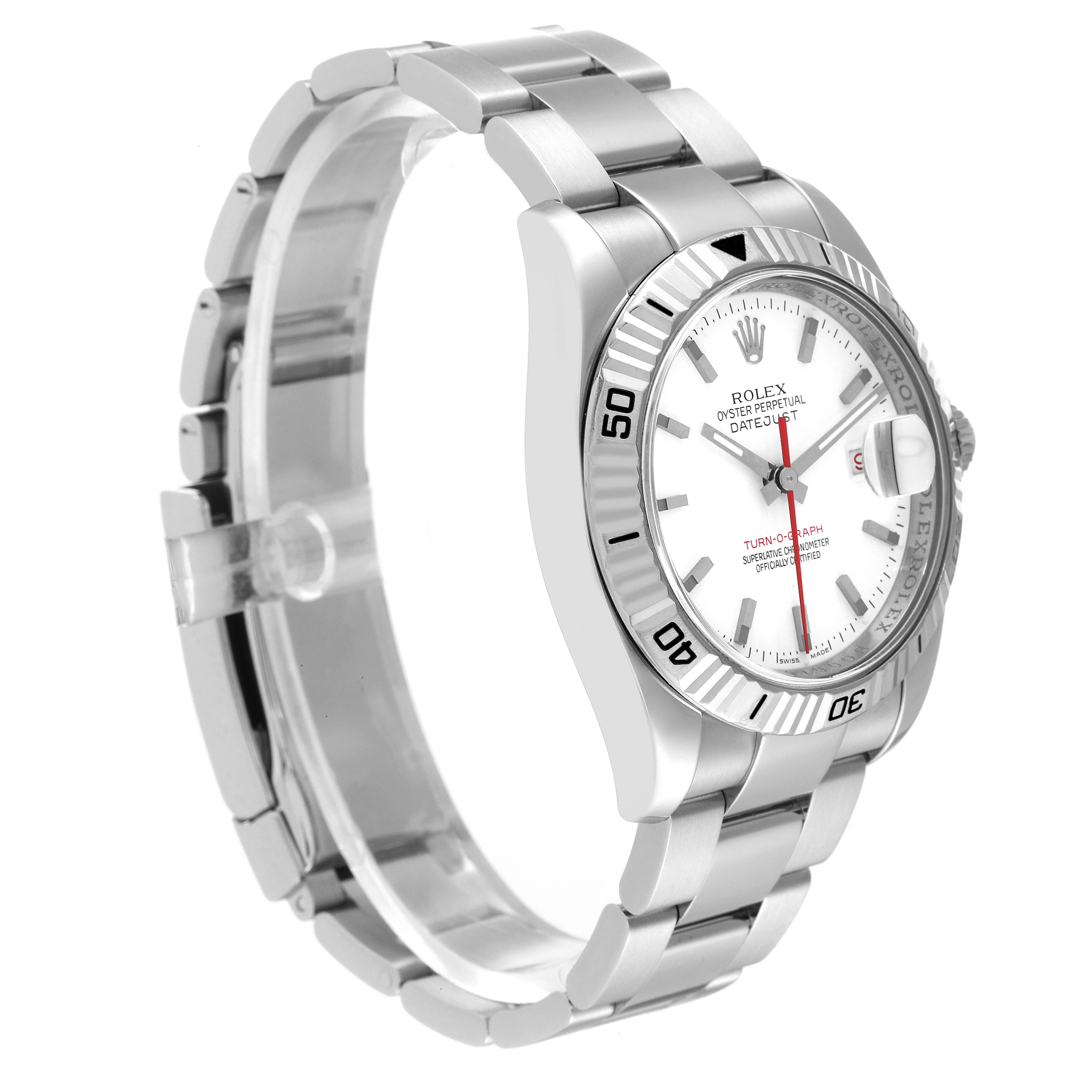The Rolex Turn-o-Graph 116264 Men
s Stainless Steel White Dial 116264 Men
s Stainless Steel White Dial watch is shown from an angled side view, displaying the face, bezel, case, and bracelet.