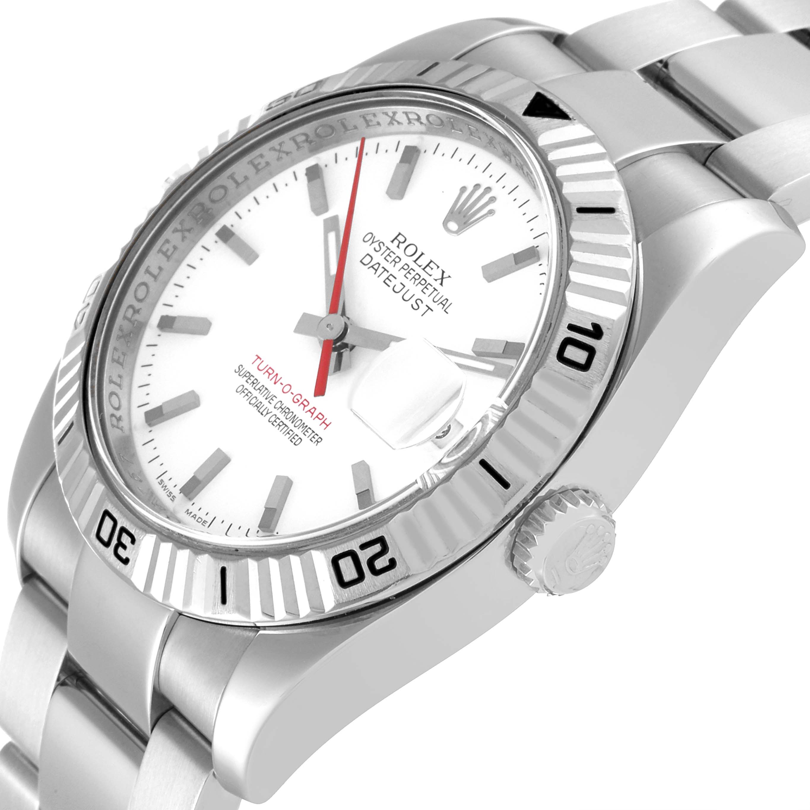 The image shows a close-up of the Rolex Turn-o-Graph 116264 Men
s Stainless Steel White Dial 116264 Men
s Stainless Steel White Dial watch at an angled view displaying the dial, bezel, and part of the bracelet.
