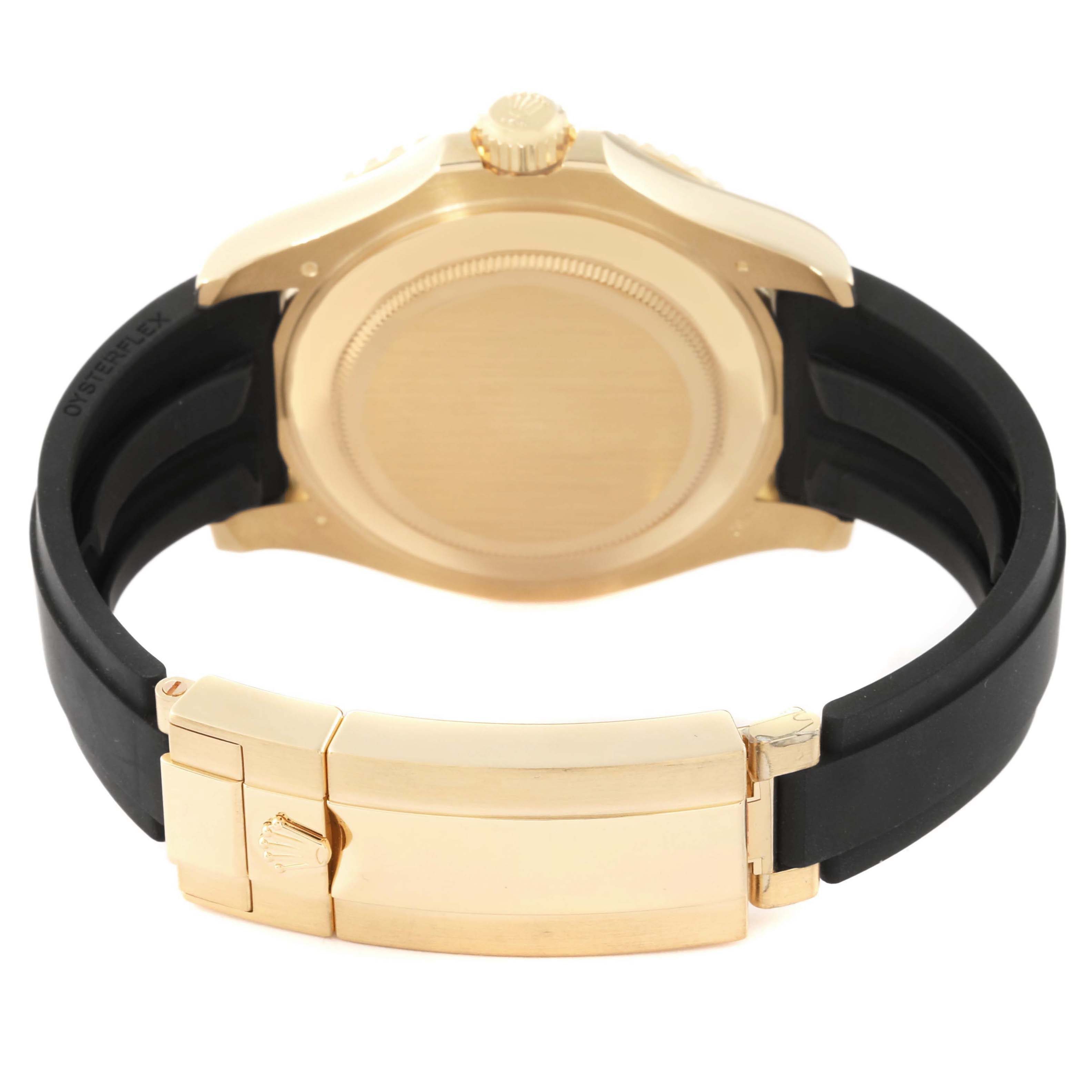 The Rolex Yacht-Master 226658 Men's Yellow Gold Black Dial is shown from the back angle, highlighting the case back, crown, and Oysterflex strap with clasp.