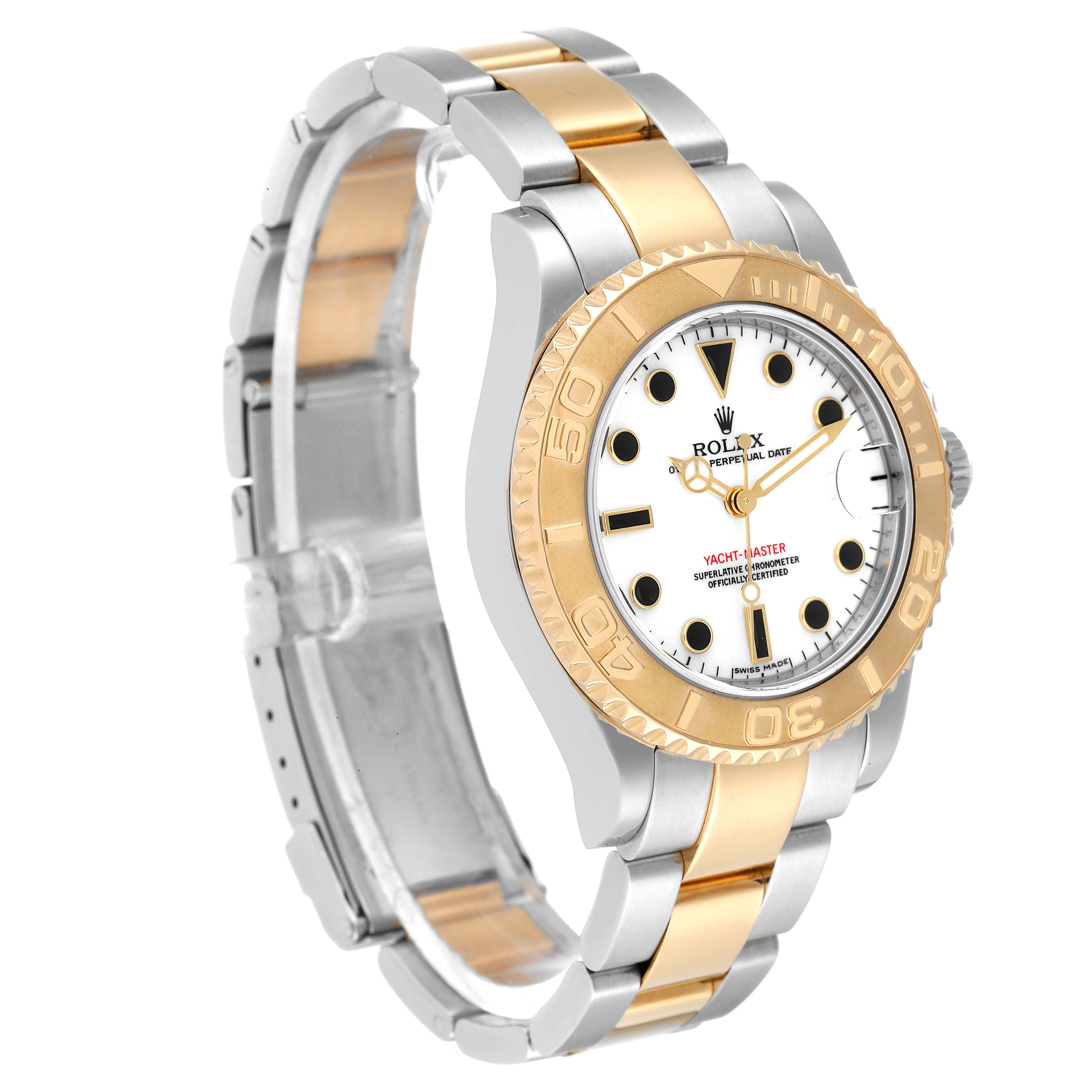 The Rolex Yacht-Master 168623 Women's Steel and Gold (two tone) White Dial 168623 Women's Steel and Gold (two tone) White Dial watch is shown at a 3/4 angle, highlighting the two-tone bracelet, bezel, and face.