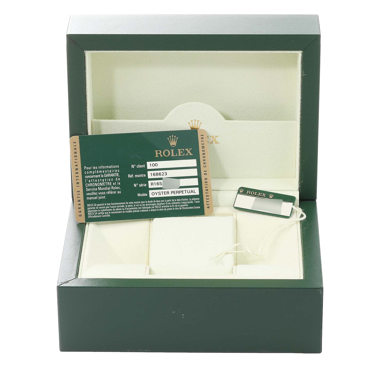 The image shows the open box, warranty card, and tag of a Rolex Yacht-Master 168623 Women's Steel and Gold (two tone) White Dial 168623 Women's Steel and Gold (two tone) White Dial watch.
