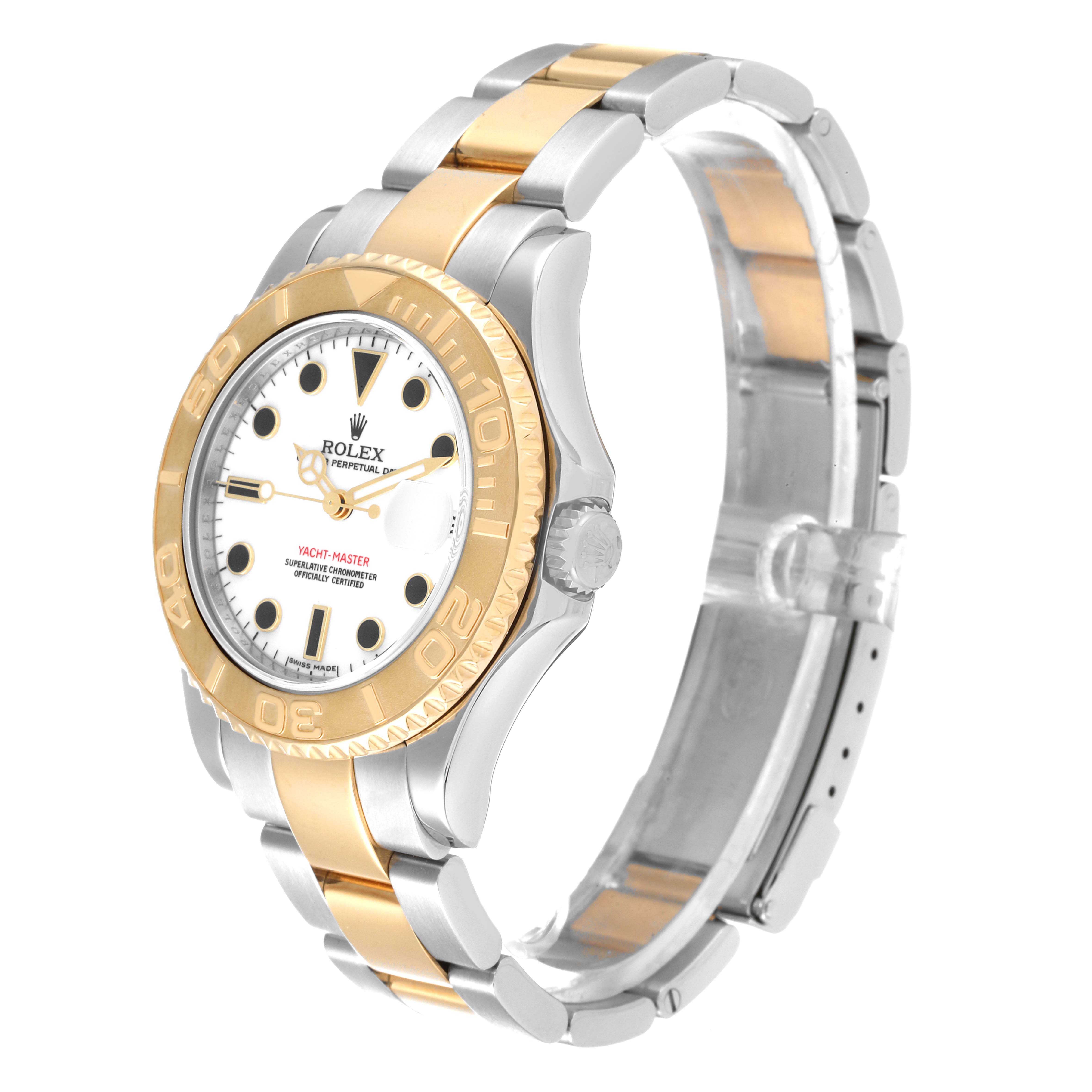 The image shows a side angle of a Rolex Yacht-Master 168623 Women's Steel and Gold (two tone) White Dial 168623 Women's Steel and Gold (two tone) White Dial watch, highlighting its gold and silver bracelet, bezel, and face.