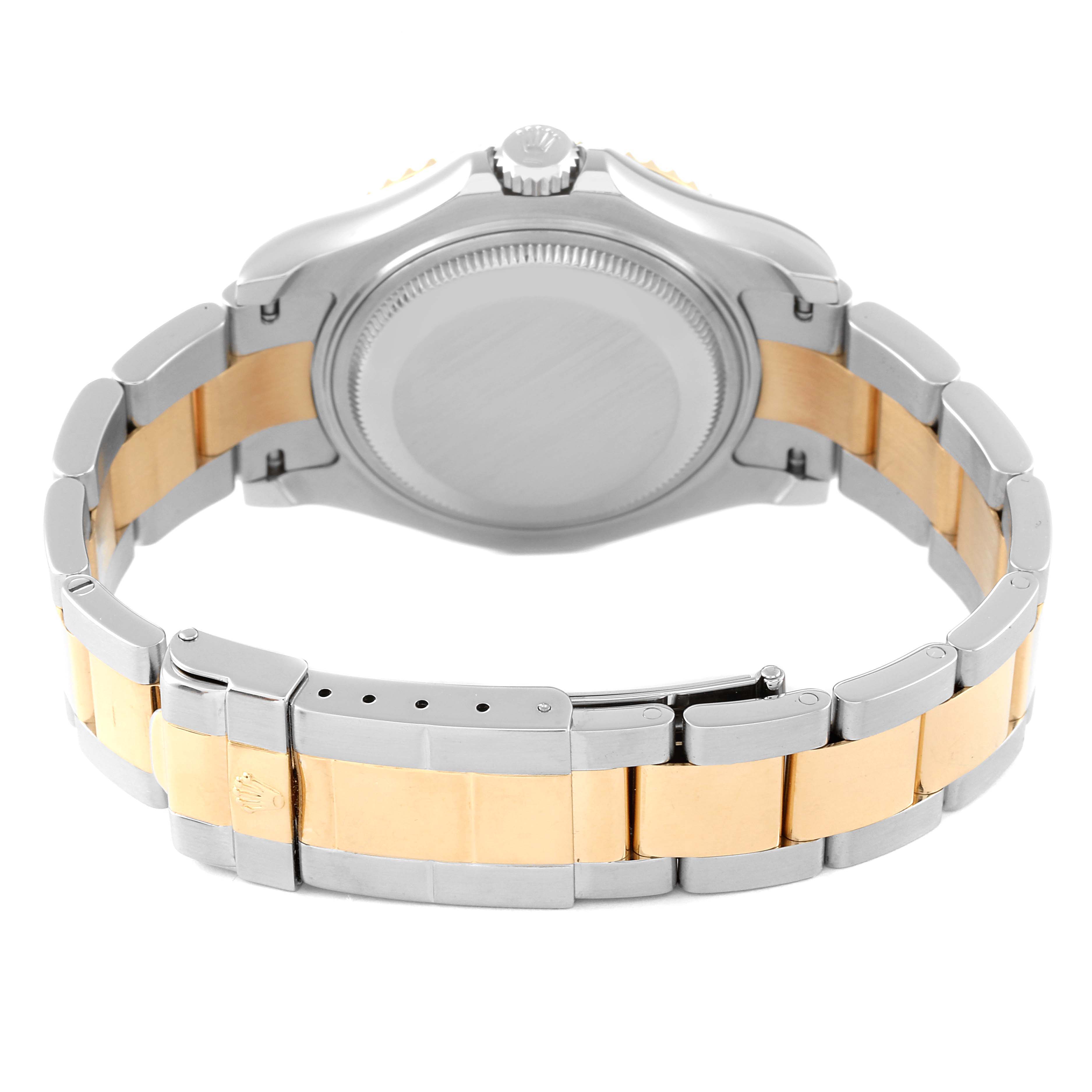 The image shows the back and bracelet of a Rolex Yacht-Master 168623 Women's Steel and Gold (two tone) White Dial 168623 Women's Steel and Gold (two tone) White Dial watch, highlighting the clasp and the case back.