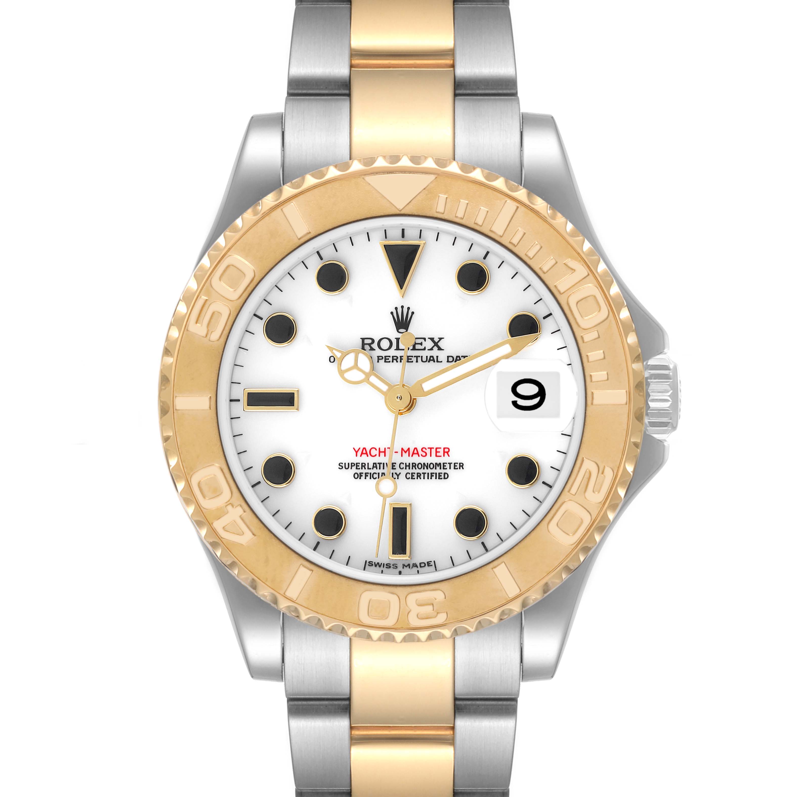This image shows a front view of the Rolex Yacht-Master 168623 Women's Steel and Gold (two tone) White Dial 168623 Women's Steel and Gold (two tone) White Dial watch, displaying the dial, bezel, and part of the bracelet.