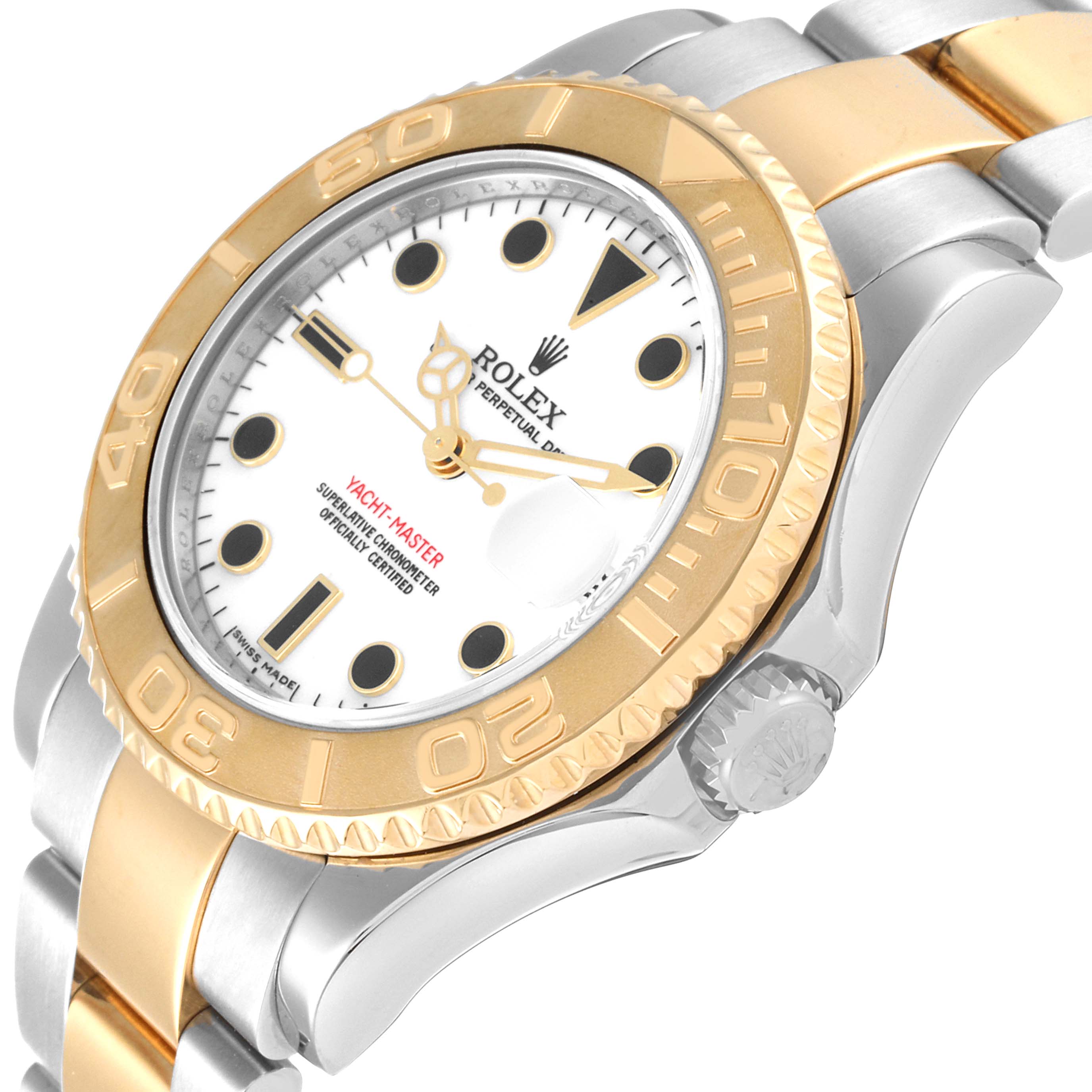 The image shows a close-up angle of a Rolex Yacht-Master 168623 Women's Steel and Gold (two tone) White Dial 168623 Women's Steel and Gold (two tone) White Dial watch, highlighting the dial, bezel, and part of the bracelet.