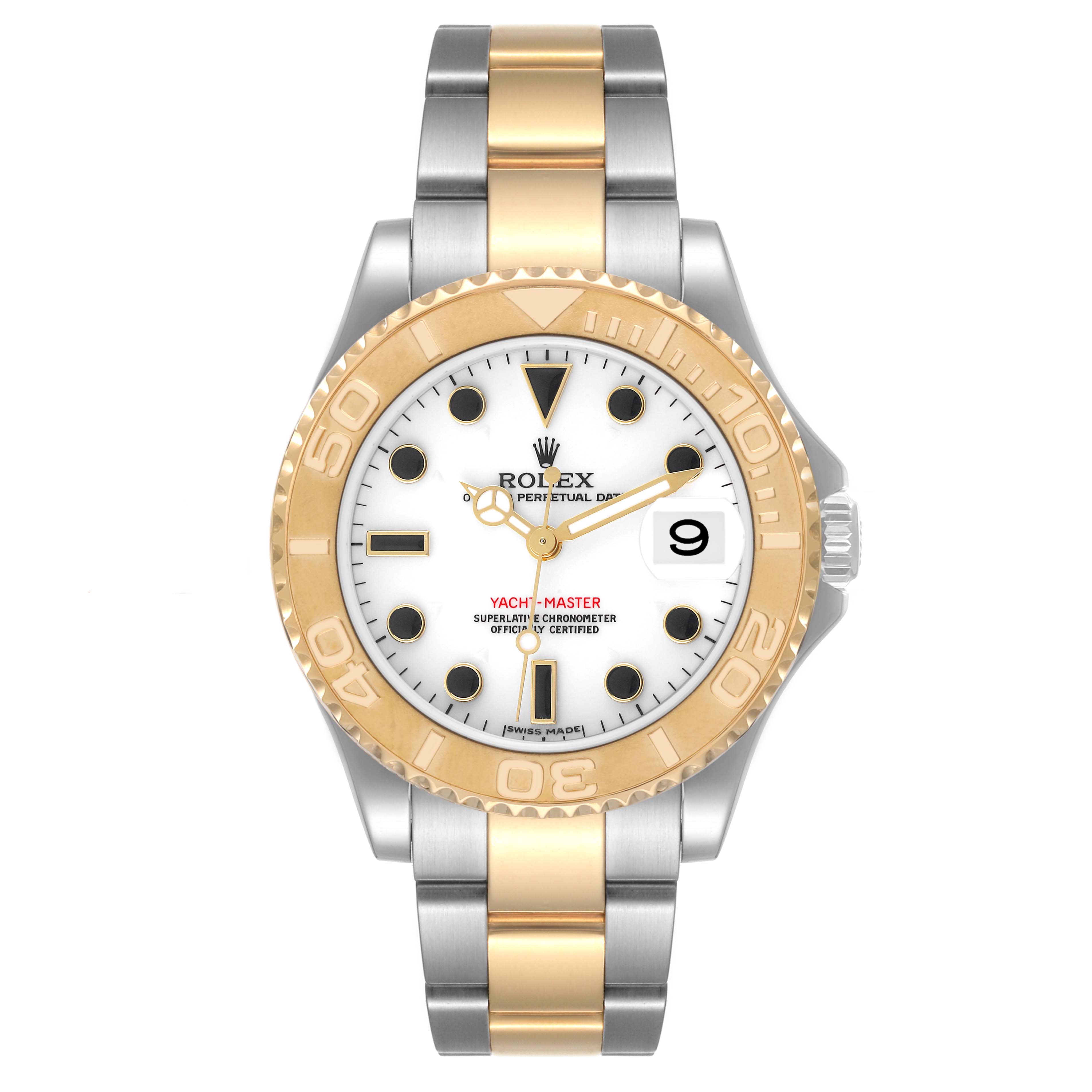 The image shows a front view of the Rolex Yacht-Master 168623 Women's Steel and Gold (two tone) White Dial 168623 Women's Steel and Gold (two tone) White Dial watch, highlighting its bezel, dial, and two-tone bracelet.