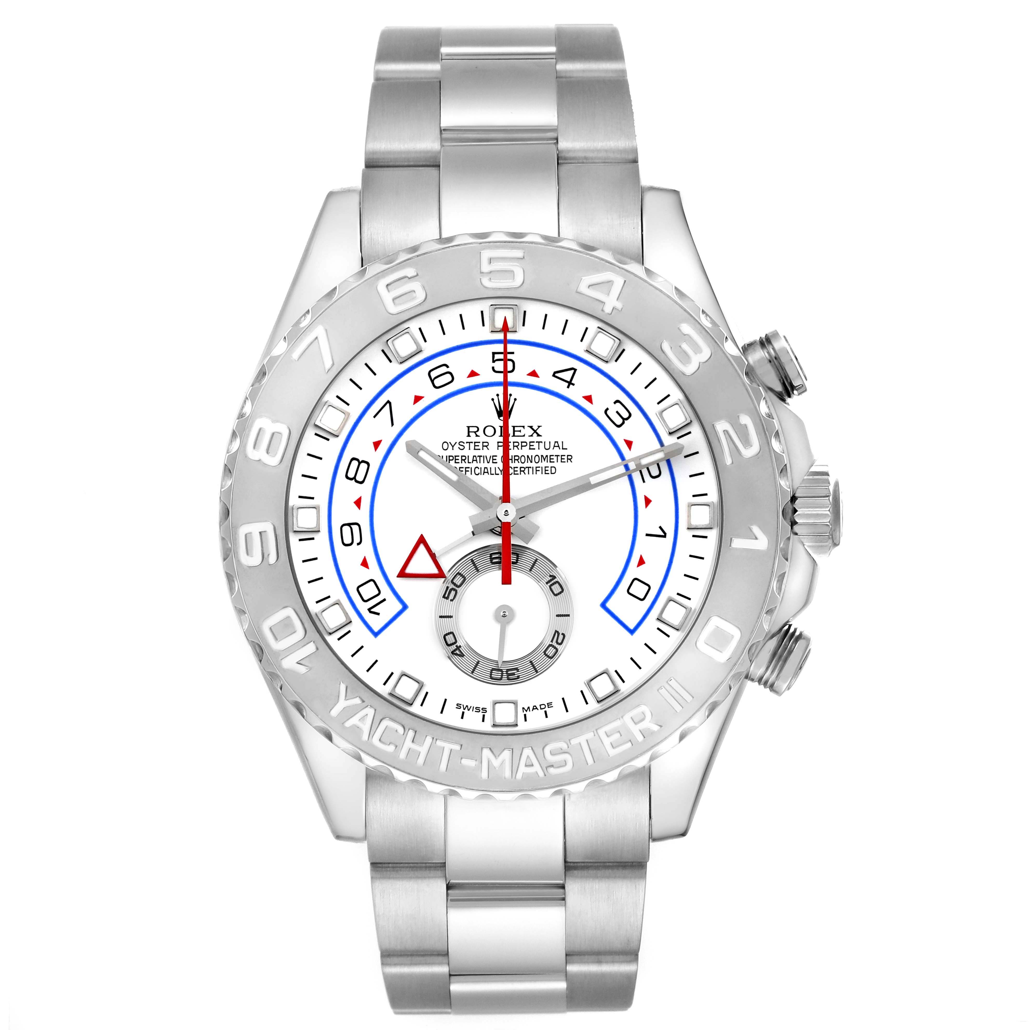 The Rolex Yacht-Master 116689 Men
s Platinum White Dial 116689 Men
s Platinum White Dial watch is shown from a front angle, displaying its face, bezel, and bracelet.