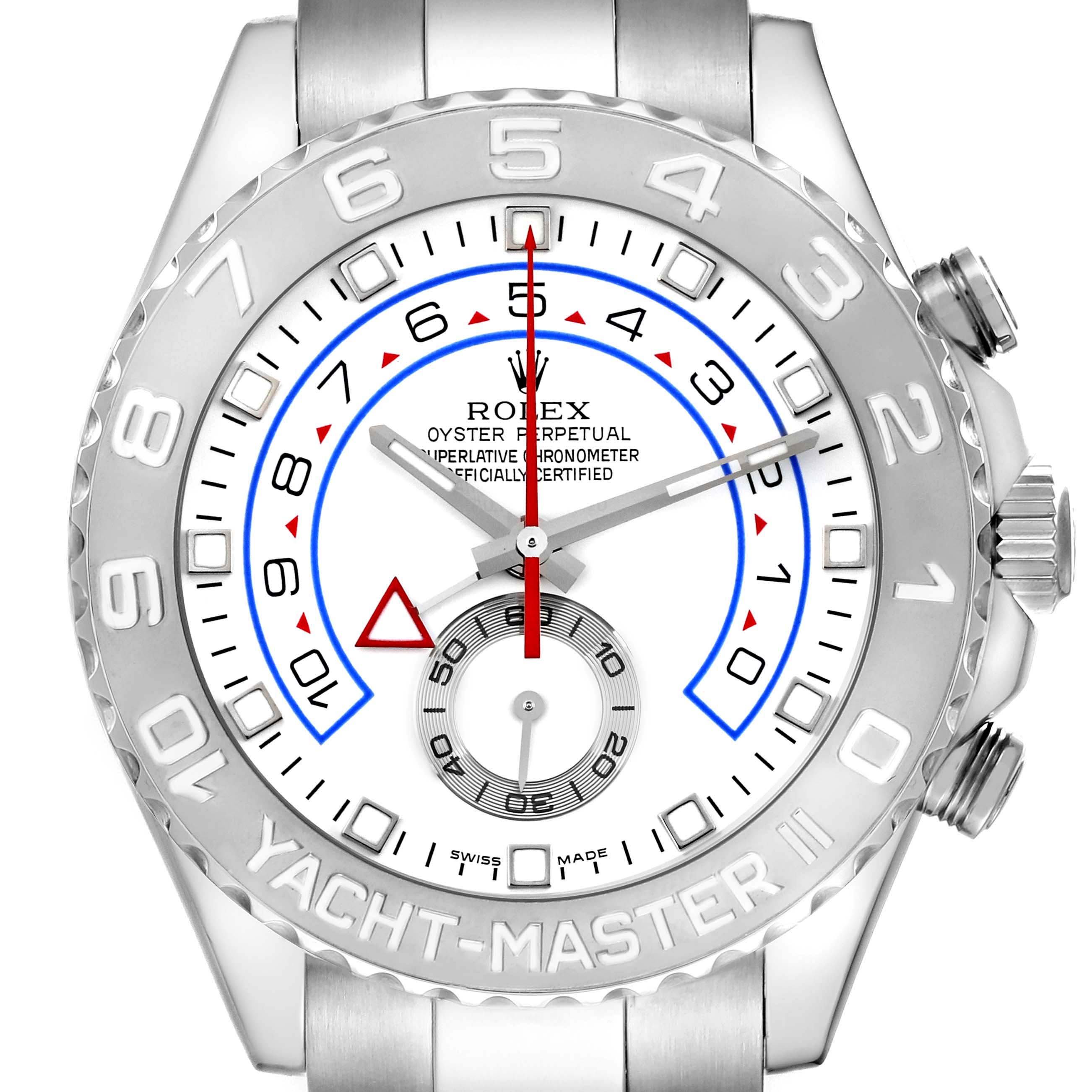 The Rolex Yacht-Master 116689 Men
s Platinum White Dial 116689 Men
s Platinum White Dial watch is shown from a top-down angle, displaying the face and bezel.