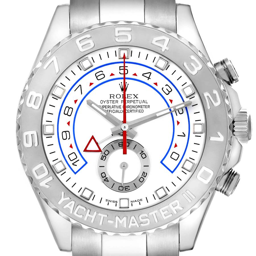 The Rolex Yacht-Master watch is shown from a top-down angle, displaying the face and bezel.