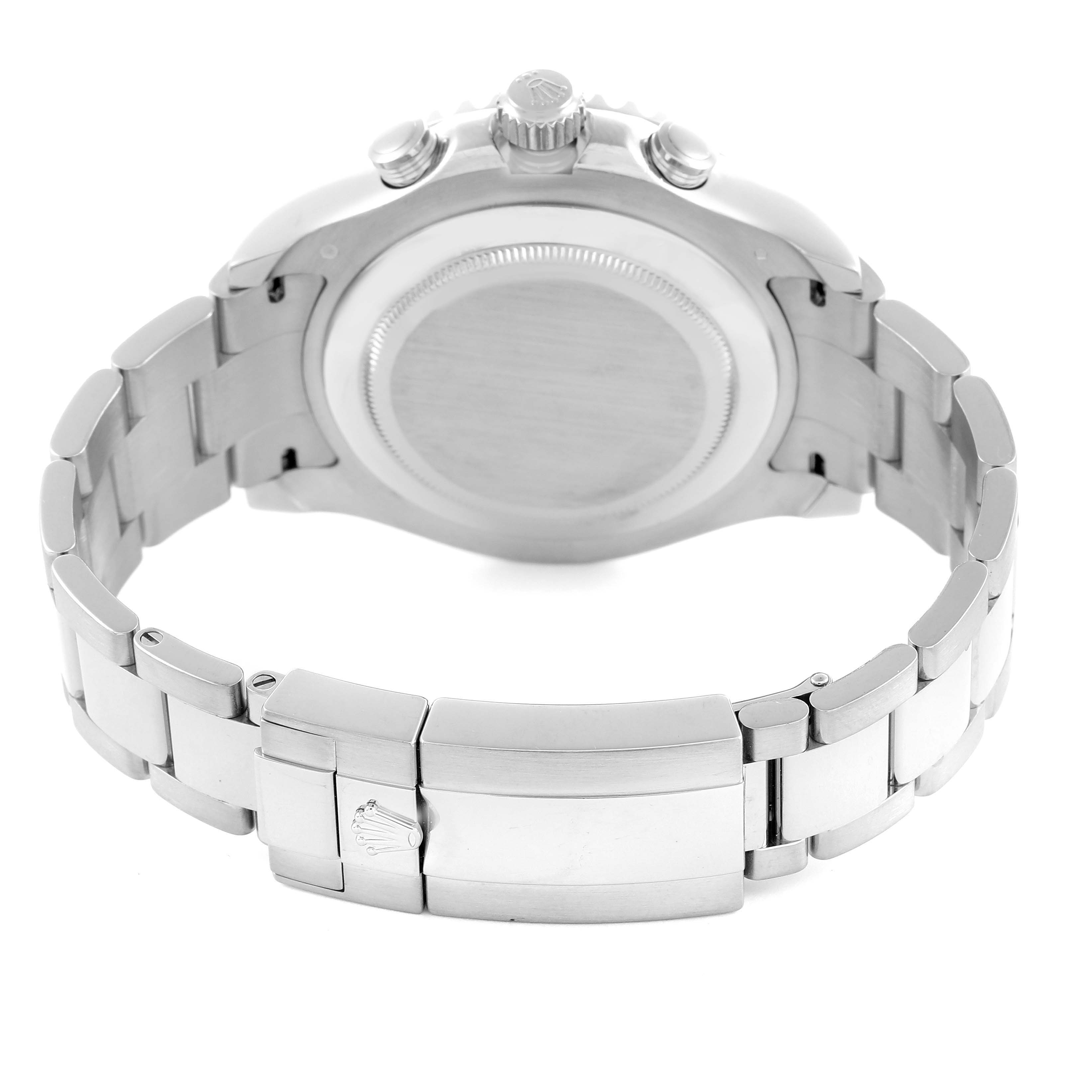 The Rolex Yacht-Master 116689 Men
s Platinum White Dial 116689 Men
s Platinum White Dial watch is shown from the back, featuring the case back, crown, and bracelet.