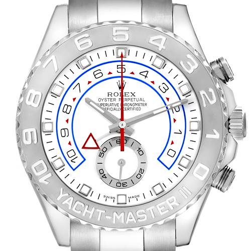 The image shows a front view of the Rolex Yacht-Master, highlighting the bezel, dial, and crown on the side.